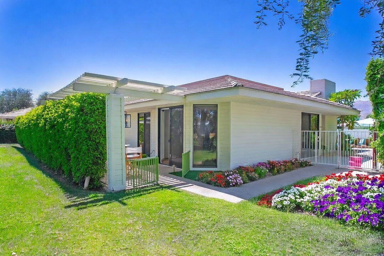 This rear view of a single-story home showcases a well-maintained lawn and a vibrant flower bed filled with colorful blooms. A covered patio area with a pergola provides a shaded space, while a white metal fence separates the property from the adjacent water view. The home features light-colored siding, large glass sliding doors, and a clean, inviting aesthetic perfect for outdoor relaxation.
