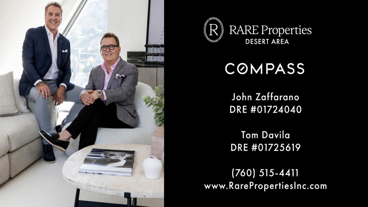 This image is a professional marketing promotional graphic for a real estate team, featuring a portrait of two agents in a modern, well-furnished living area. The composition includes the branding for 'RARE Properties' and 'Compass', along with the agents' contact details and professional license numbers. The sophisticated interior backdrop serves to convey a professional and upscale real estate brand identity.