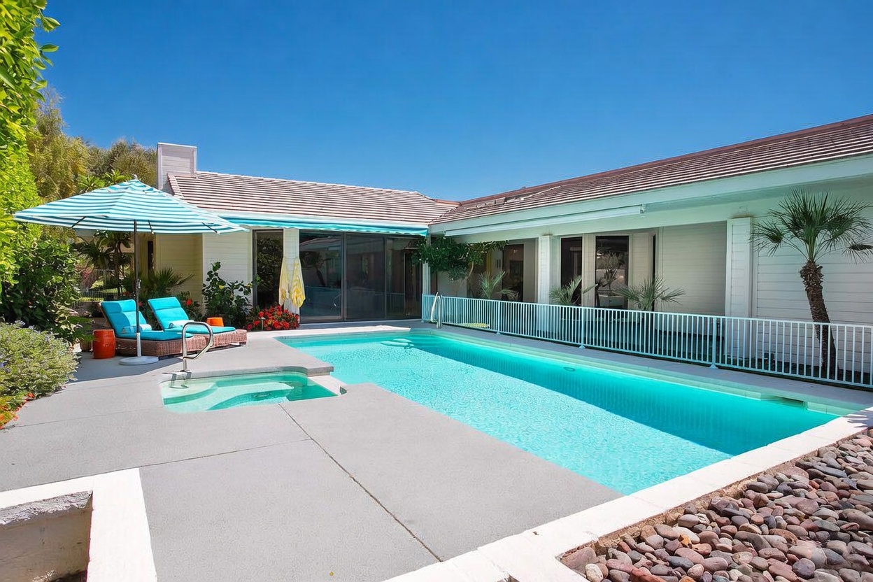 This bright, sun-drenched backyard features a rectangular swimming pool paired with an integrated spa, set against a light-colored home with a tiled roof. A pair of turquoise lounge chairs sits under a blue-and-white striped umbrella on the concrete deck, while a white safety fence separates the pool area from the rest of the yard. The scene is captured from a low, eye-level perspective, emphasizing the inviting outdoor living space and the clear blue sky.