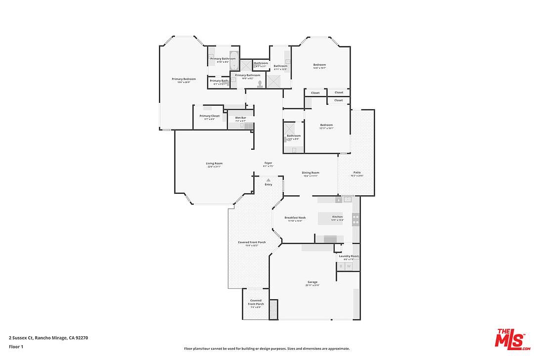 This image is a detailed 2D floor plan for a residential property located at 2 Sussex Ct, Rancho Mirage, CA. The layout features a primary bedroom suite with a private bathroom and closet, two additional bedrooms, a living room, a dining room, a kitchen with a breakfast nook, and a garage. The floor plan also includes a covered front porch, a patio, and a wet bar, providing a clear overview of the home's spatial arrangement and flow.