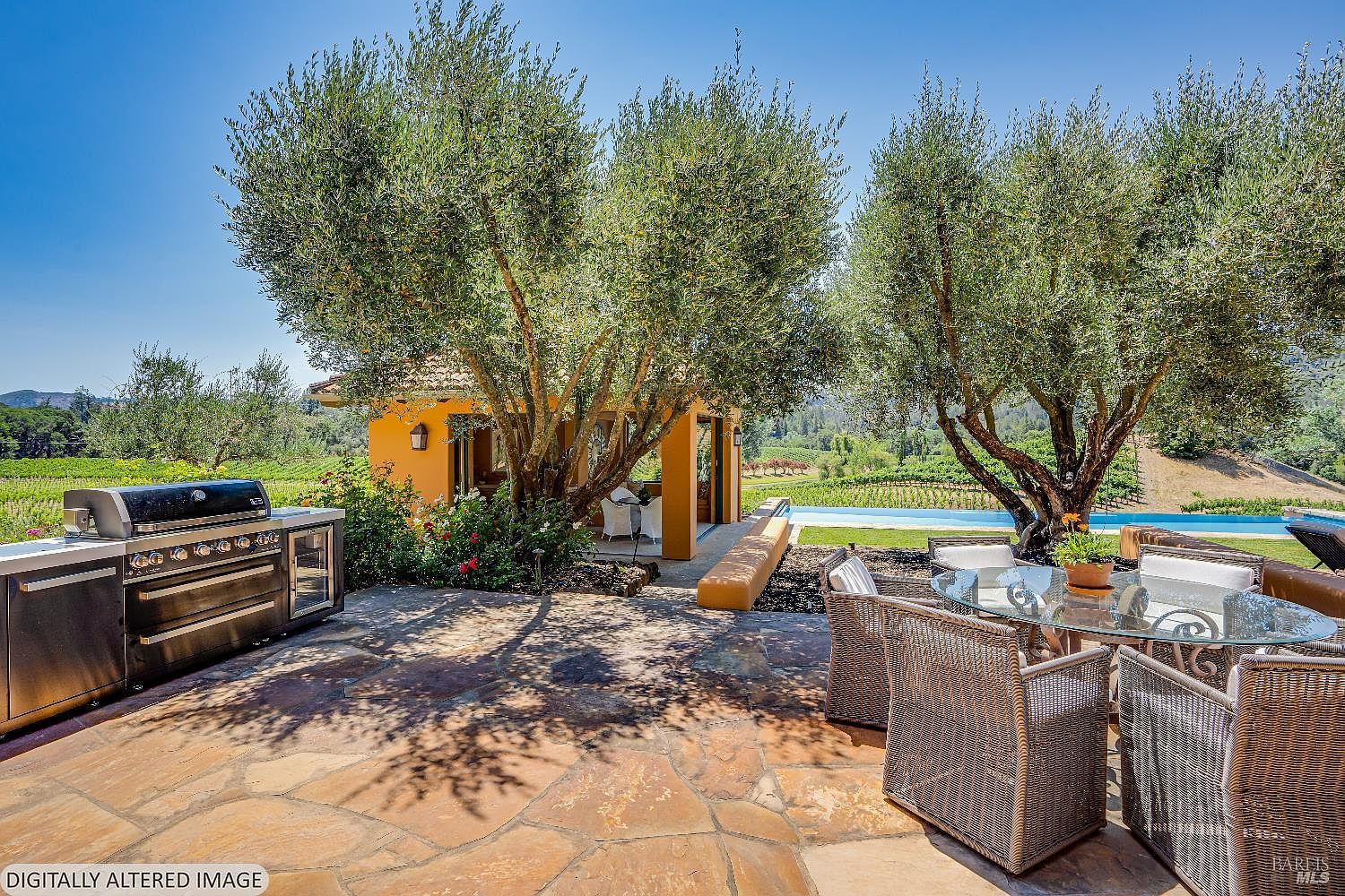 This inviting outdoor patio area features a stone-paved floor, a built-in stainless steel grill station, and a glass-topped dining set, perfect for al fresco entertaining. The space is shaded by mature olive trees and overlooks a serene swimming pool and expansive vineyard views. The warm, Mediterranean-inspired architecture of the adjacent structure creates a luxurious and tranquil atmosphere.