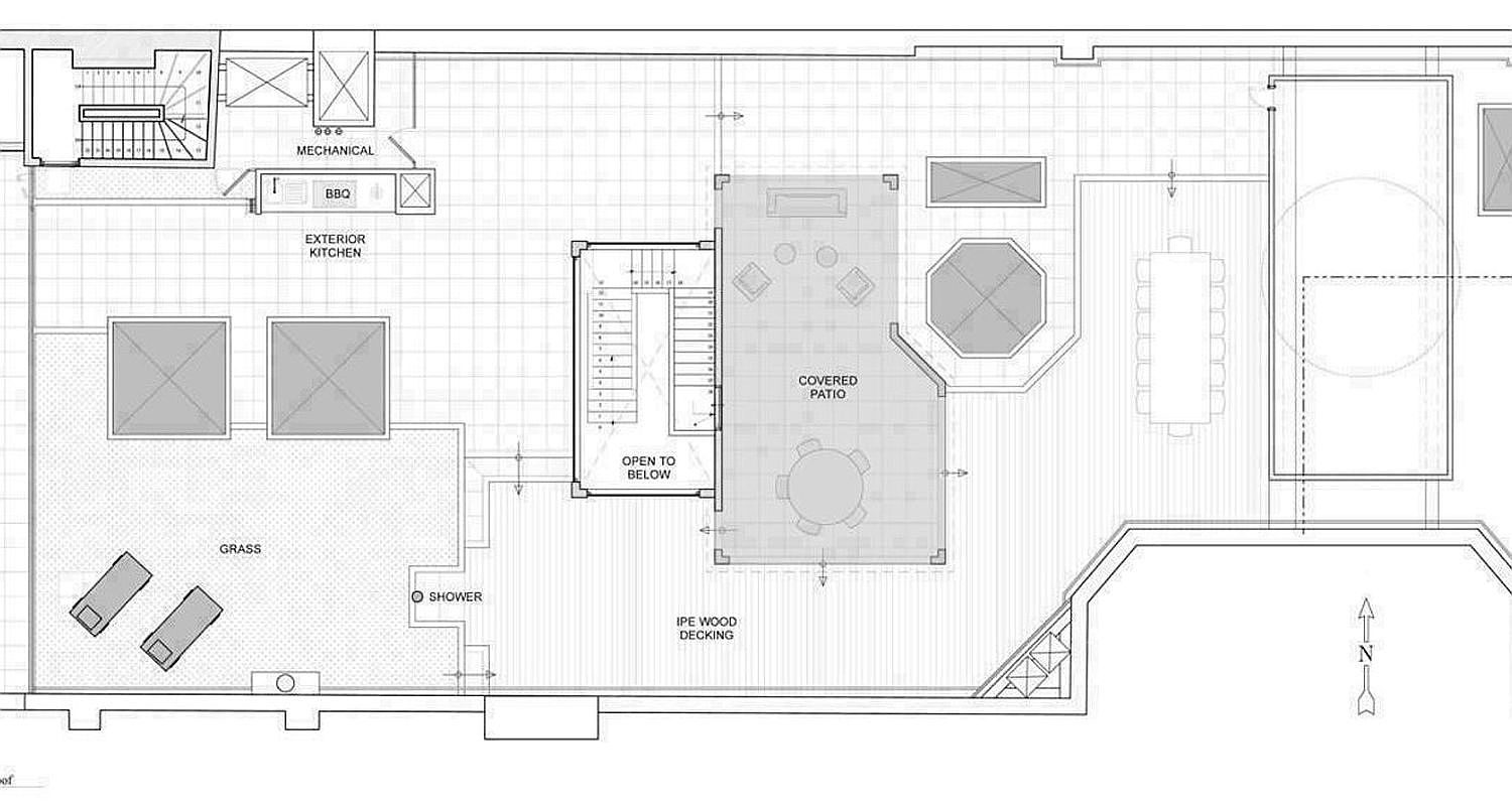 This architectural floor plan depicts a spacious rooftop terrace featuring a covered patio area, an exterior kitchen with a BBQ, and a dedicated grass section. The layout includes Ipe wood decking, a shower, and an open-to-below stairwell, suggesting a luxurious outdoor living space designed for entertaining. The plan provides a clear top-down perspective of the functional zones and circulation paths across the deck.