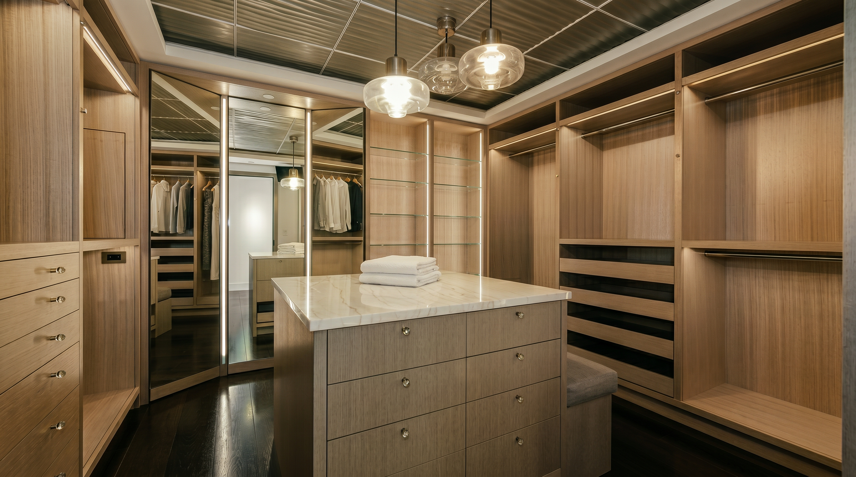 This luxurious walk-in closet features custom light-wood cabinetry, a central island with a marble countertop, and elegant glass pendant lighting. The space is enhanced by mirrored doors, integrated LED lighting, and a unique metallic-textured ceiling, creating a sophisticated and organized atmosphere. The perspective is centered on the island, showcasing the high-end finishes and ample storage capacity of this walk-in wardrobe.