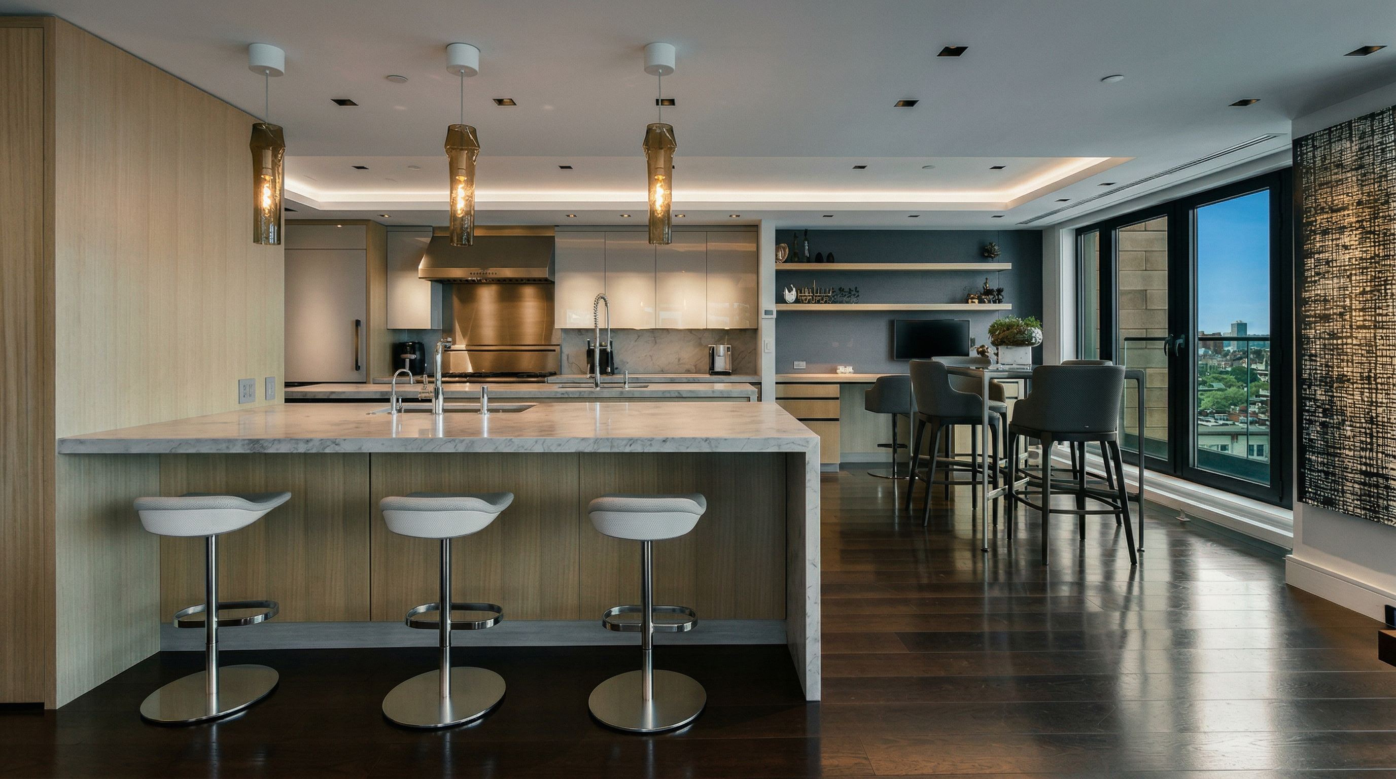 This sophisticated, modern kitchen features a large marble-topped island with three sleek, contemporary bar stools, serving as the focal point of the open-concept space. The room is accented by warm wood cabinetry, high-end stainless steel appliances, and elegant pendant lighting that creates a refined atmosphere. A dining area is visible in the background, seamlessly connected to a balcony that offers a bright, airy view of the city skyline.