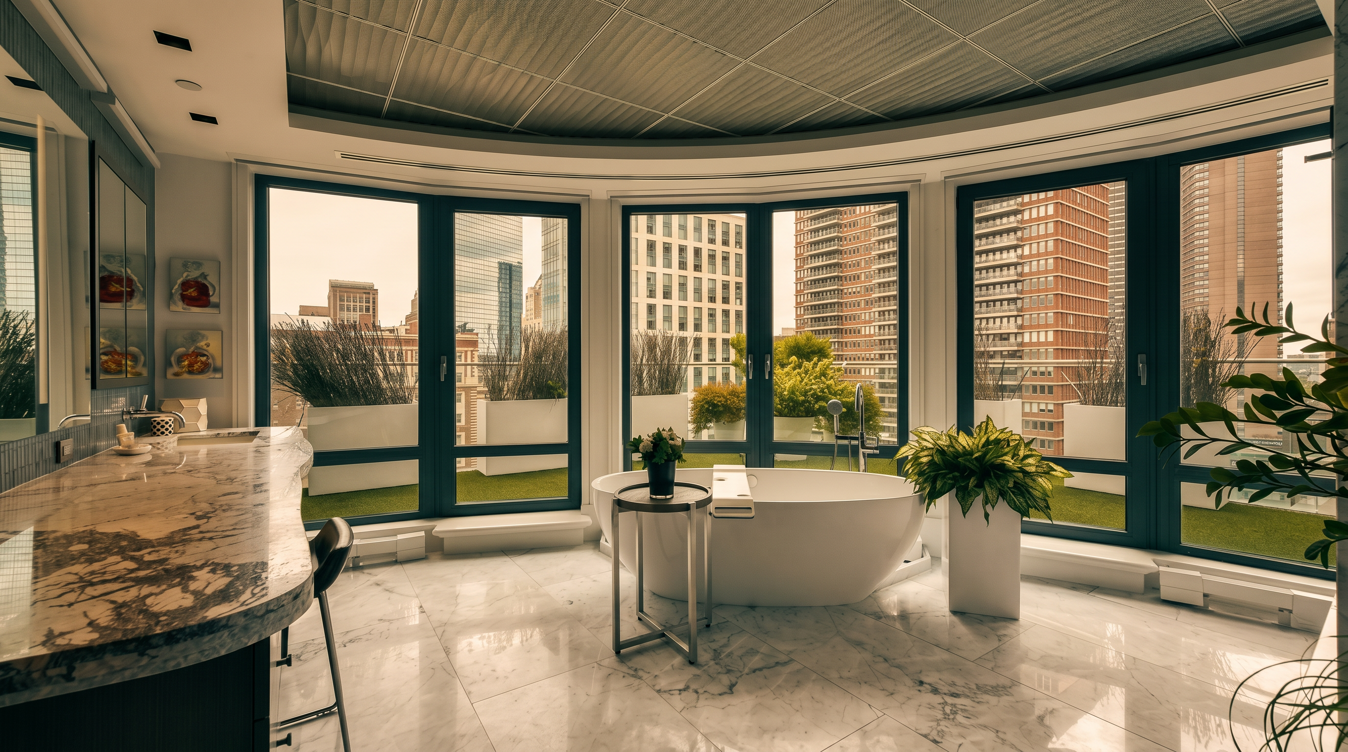 This luxurious primary bathroom features a sleek, modern design with floor-to-ceiling windows that offer panoramic city views and access to a private terrace. The space is anchored by a contemporary freestanding soaking tub, complemented by a marble-topped vanity and polished marble flooring. The curved architectural ceiling and high-end finishes create an atmosphere of sophisticated urban elegance.