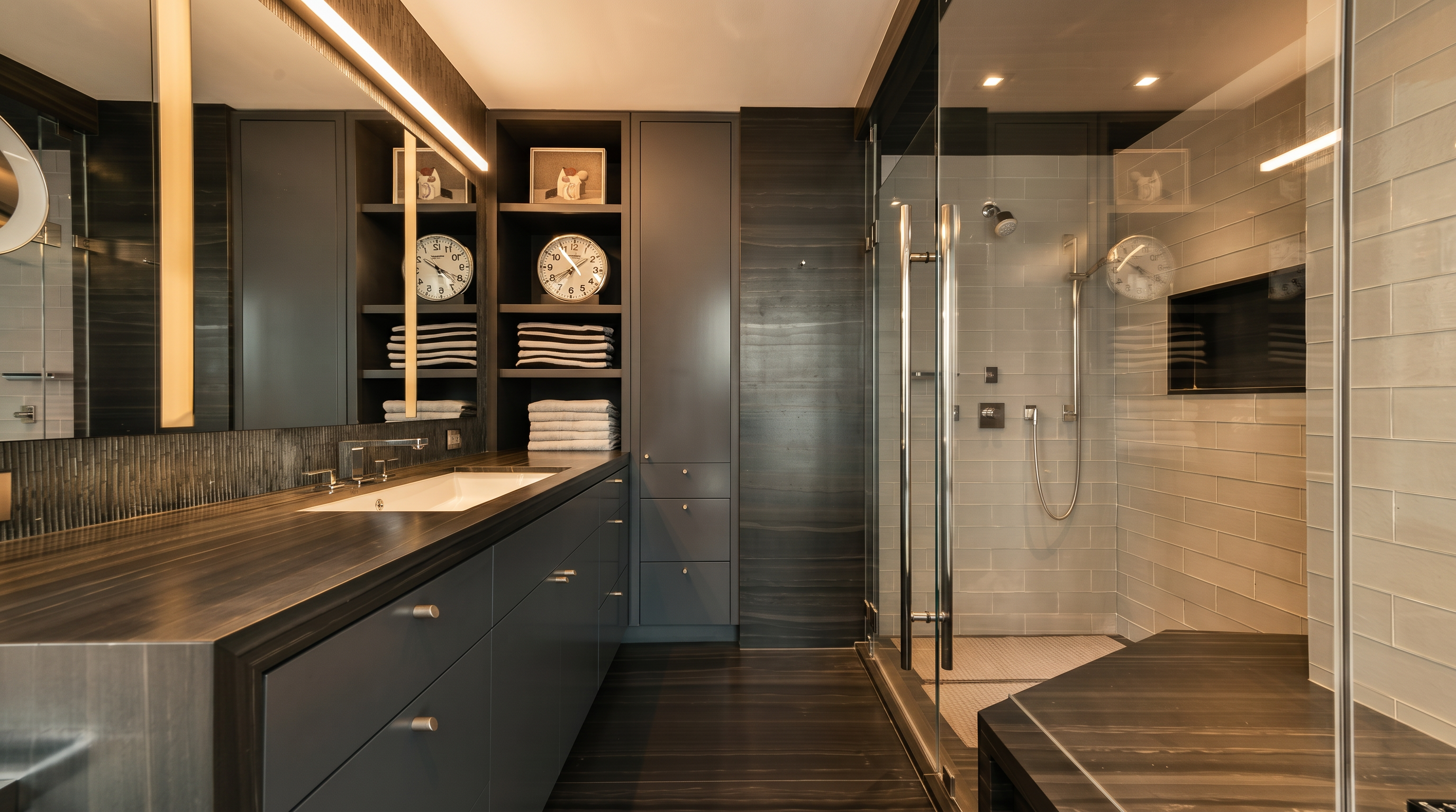 This sleek, modern primary bathroom features a long, dark-toned vanity with a minimalist sink and a large mirror, complemented by open shelving filled with neatly stacked towels and decorative clocks. To the right, a spacious glass-enclosed walk-in shower with light-colored subway tiles provides a bright contrast to the dark wood-grain cabinetry and flooring. The overall aesthetic is sophisticated and contemporary, emphasizing clean lines and a high-end, spa-like atmosphere.