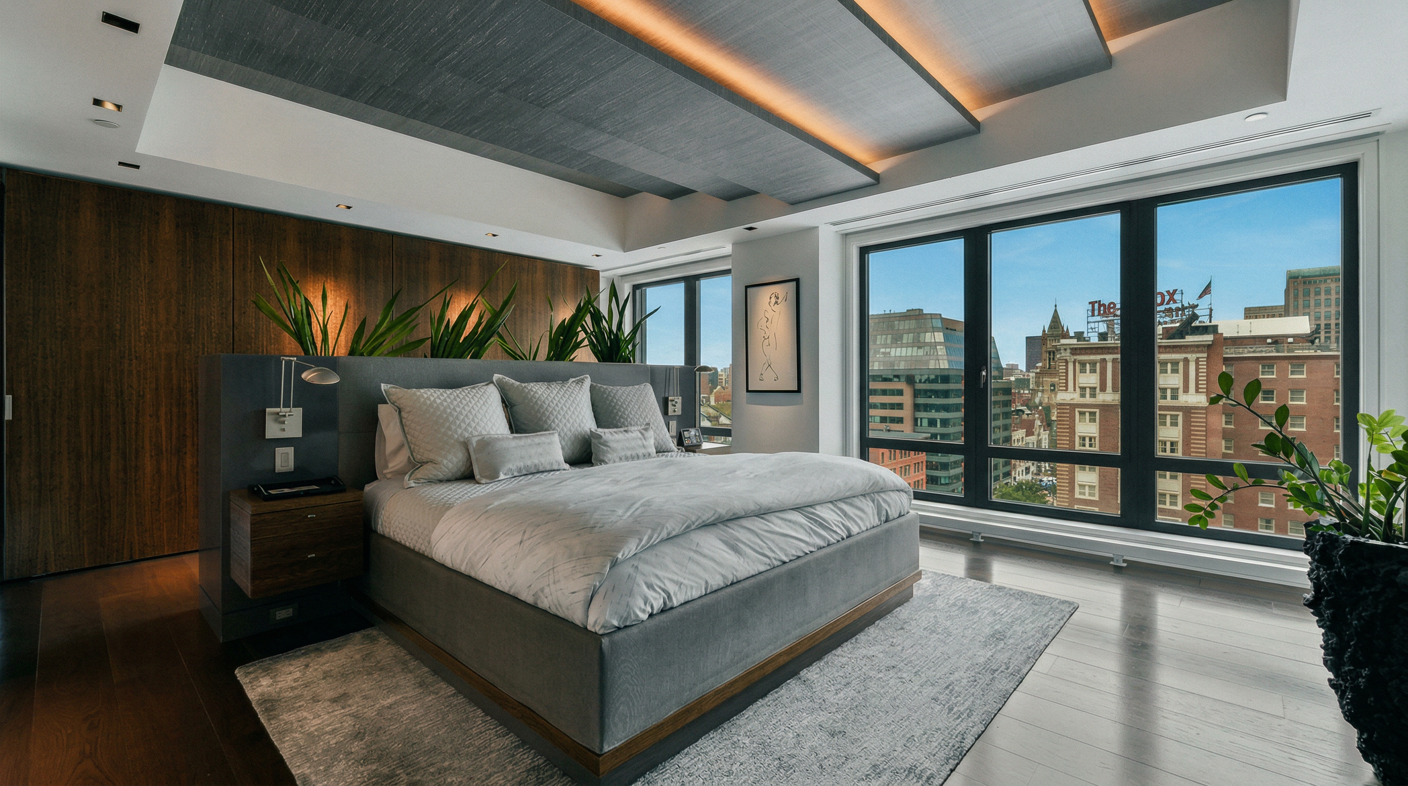 This sophisticated primary bedroom features a contemporary design with a custom upholstered bed frame centered against a sleek, dark grey headboard wall. The room is accented by warm, recessed cove lighting in the ceiling panels and expansive floor-to-ceiling windows that provide a stunning urban cityscape view. A plush area rug sits atop rich hardwood flooring, creating a luxurious and tranquil atmosphere.