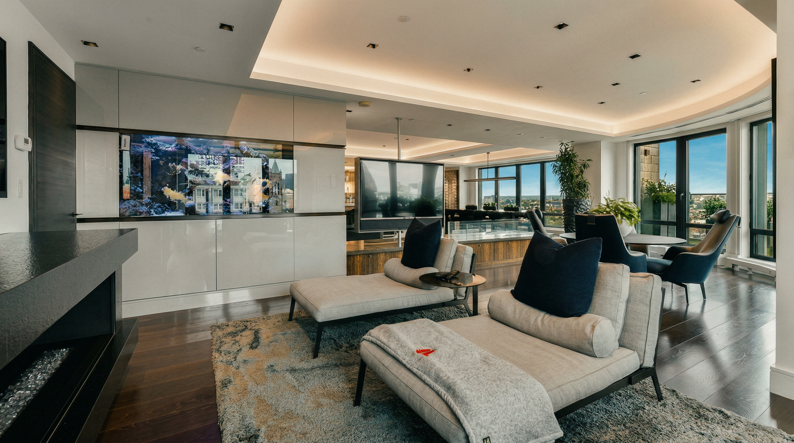 This sophisticated, modern living area features a sleek, open-concept design with dark hardwood floors and a large, textured area rug. The space is anchored by two contemporary chaise lounges, a built-in aquarium, and a floating television, all illuminated by recessed and cove lighting. Large floor-to-ceiling windows provide an expansive view of the city, creating a luxurious and airy atmosphere.