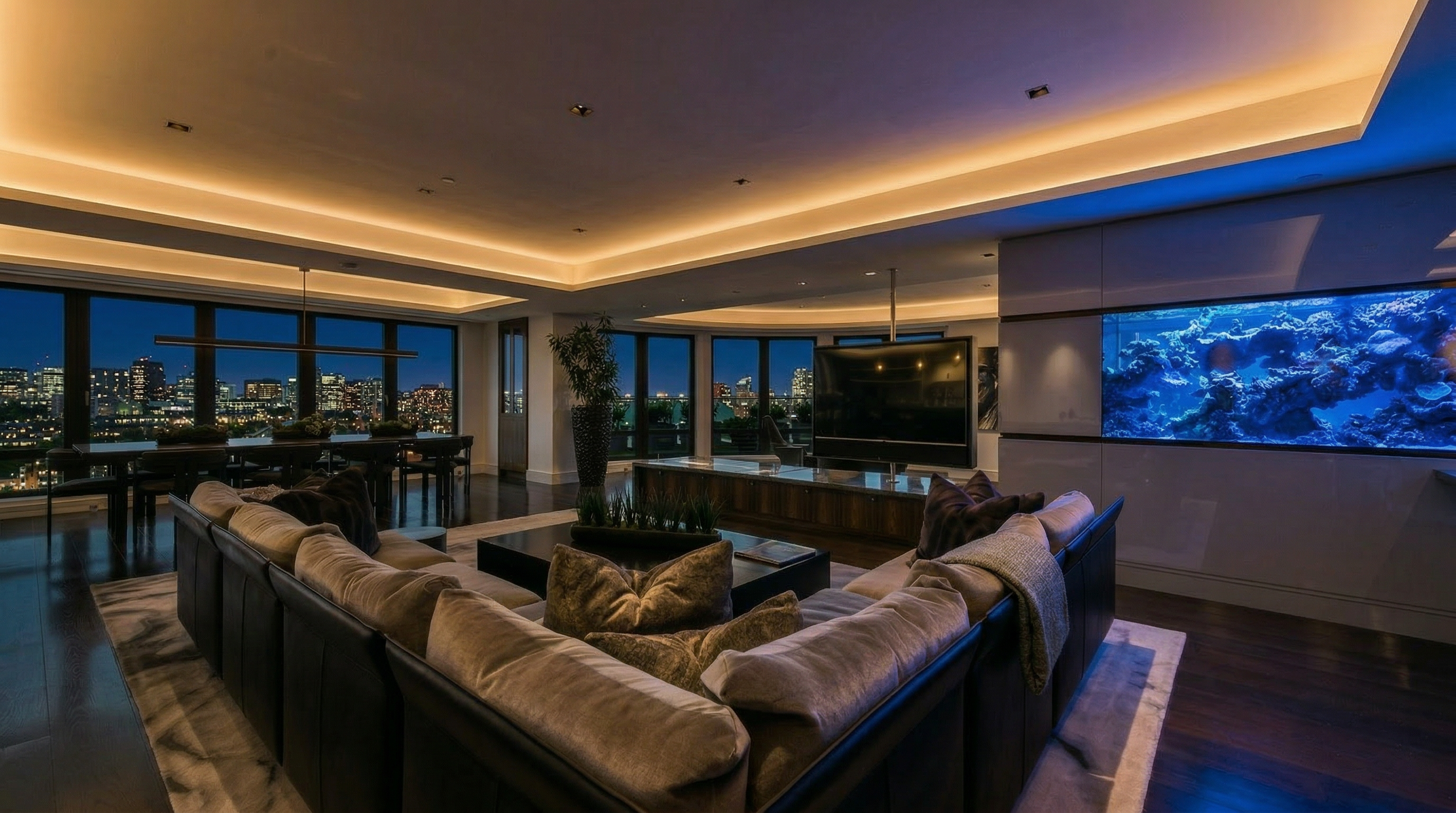 This sophisticated, contemporary living room features an expansive, deep-cushioned sectional sofa and a large, built-in saltwater aquarium that serves as a stunning focal point. The space is illuminated by warm, indirect cove lighting and floor-to-ceiling windows that provide panoramic nighttime cityscape views. Its open-concept layout seamlessly transitions into a formal dining area, creating a luxurious and high-end atmosphere perfect for entertaining.