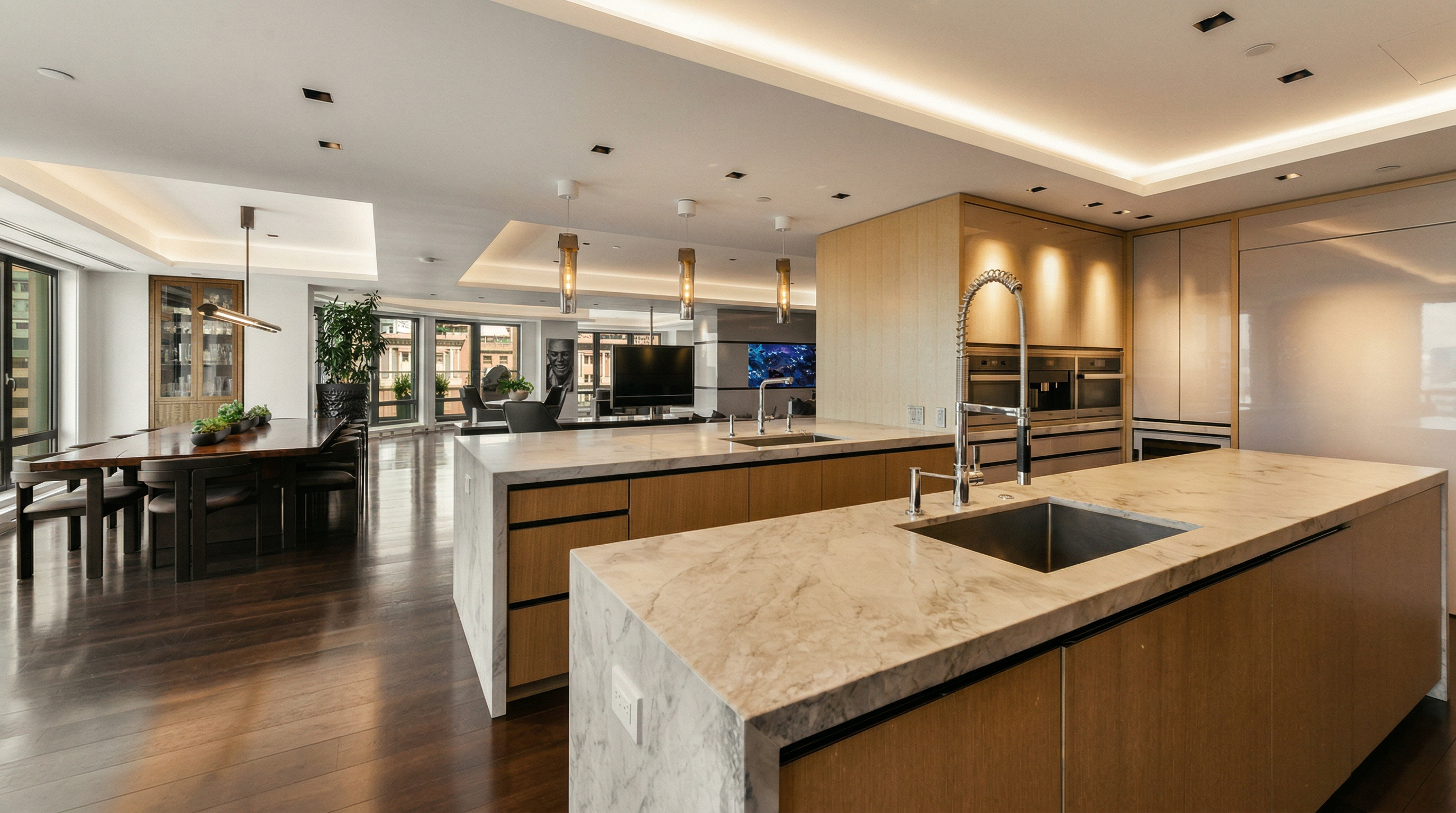 This expansive, modern kitchen features a dual-island layout with premium stone countertops and sleek, light-wood cabinetry. The open-concept design seamlessly transitions into a sophisticated dining area and living space, all illuminated by recessed lighting and elegant pendant fixtures. The dark hardwood floors and high-end finishes create a luxurious, contemporary atmosphere perfect for entertaining.