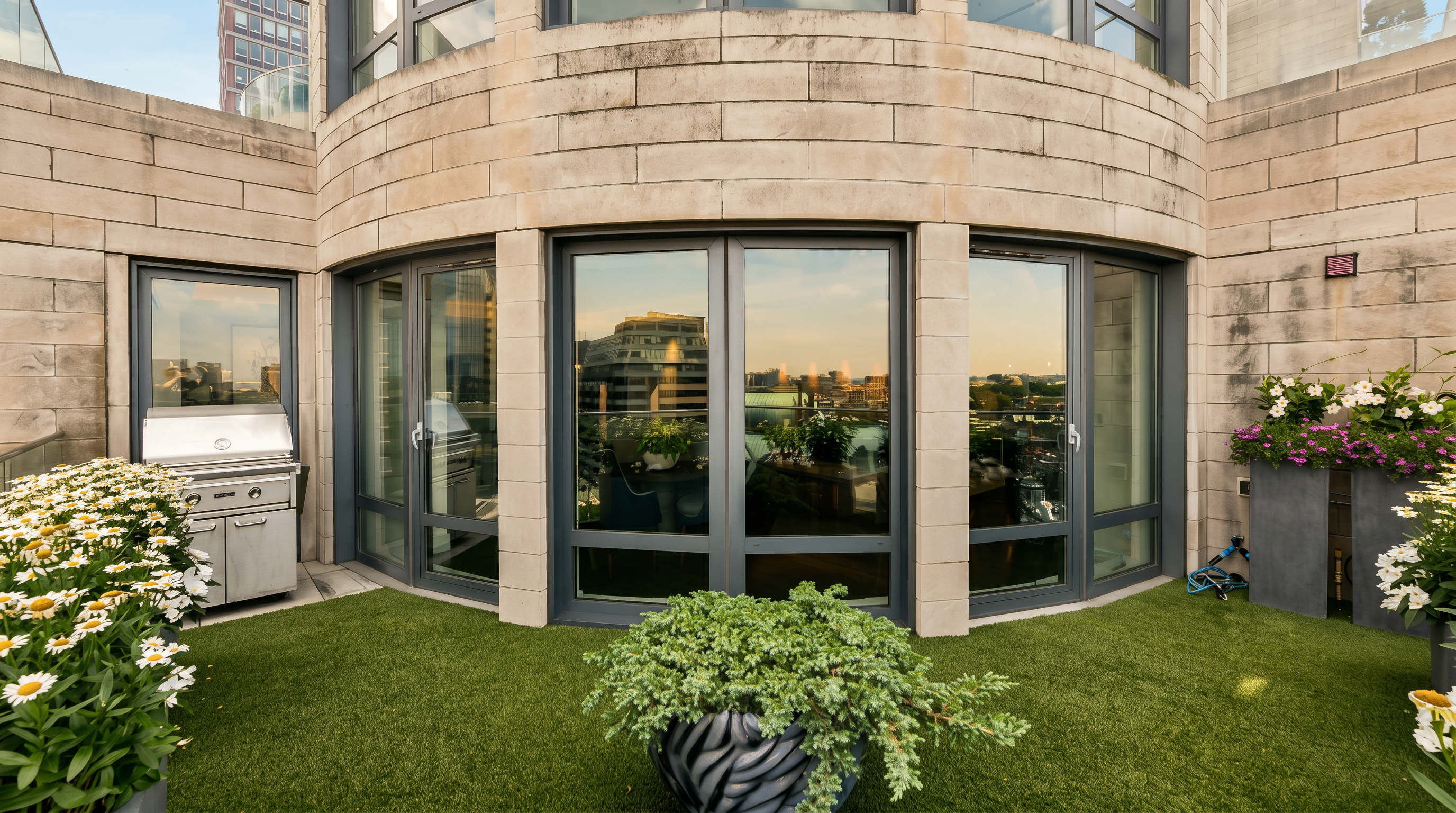 This image showcases a sophisticated, curved terrace featuring artificial turf and a built-in stainless steel grill. Large, floor-to-ceiling glass doors provide a seamless transition between the outdoor space and the interior, while lush potted plants and flowers add a vibrant touch to the modern stone architecture. The perspective is eye-level, capturing the inviting atmosphere of an urban rooftop retreat with a view of surrounding city buildings.