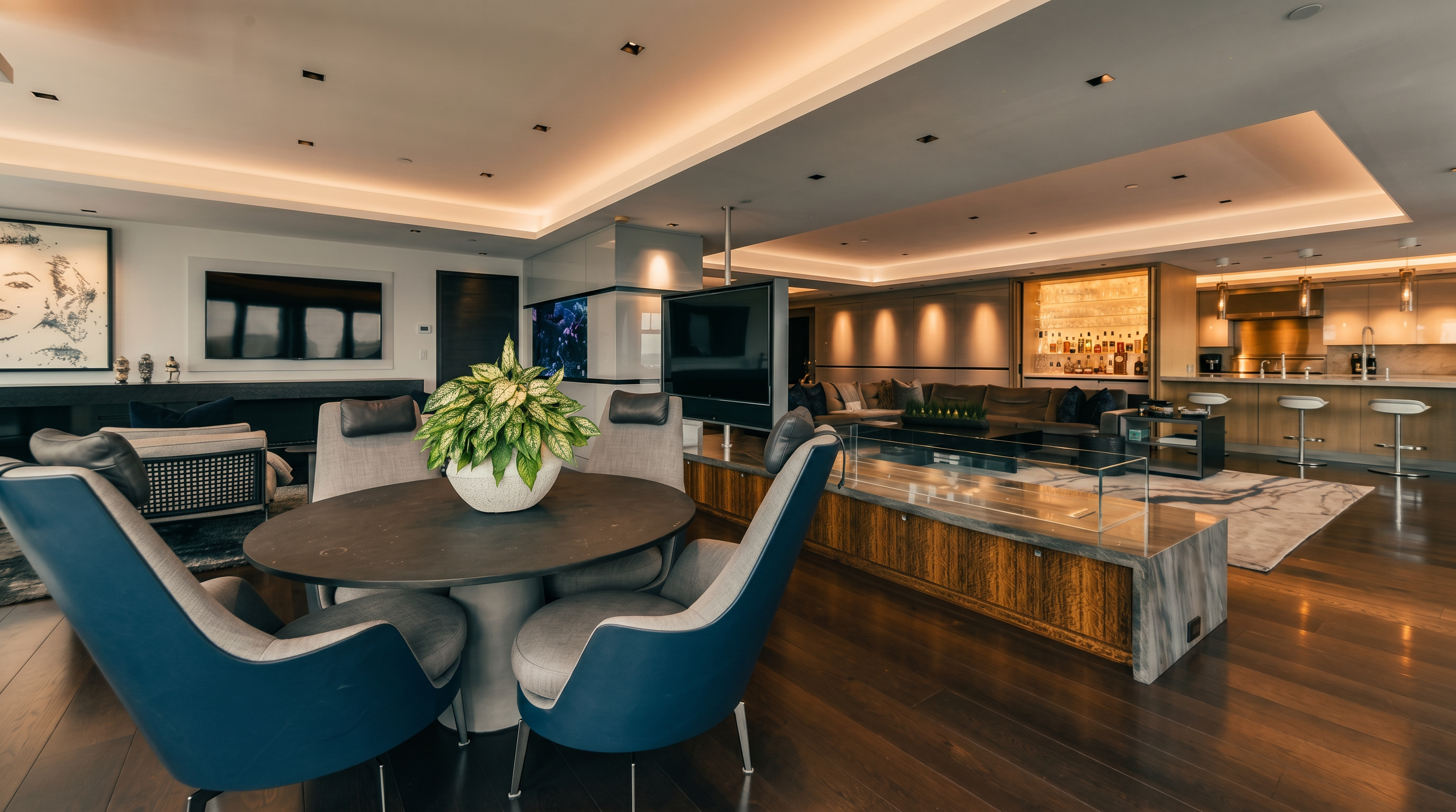 This sophisticated open-concept living space features a central dining area with a round table and modern blue-grey upholstered chairs, accented by a lush potted plant. The room flows seamlessly into a plush lounge area with a large television and a sleek, illuminated bar, all set against rich hardwood flooring and recessed ceiling lighting. The perspective captures the expansive, high-end design, emphasizing the luxury and fluidity of the modern floor plan.