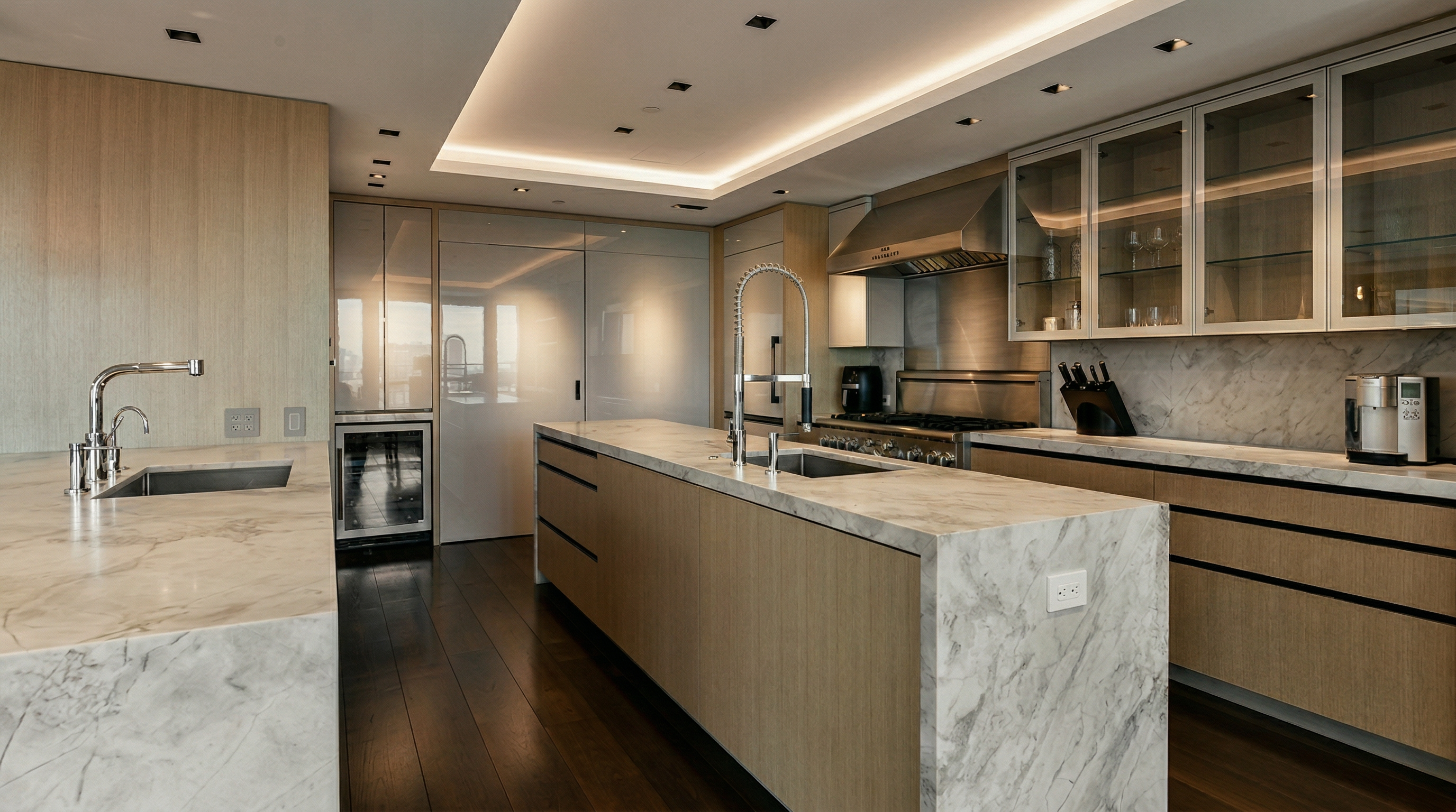 This sleek, modern kitchen features a large central island with a waterfall marble countertop and light wood cabinetry, complemented by dark hardwood flooring. The space is illuminated by recessed lighting and a sophisticated cove ceiling, while high-end stainless steel appliances and glossy white upper cabinets create a clean, high-end aesthetic. The perspective is a wide, eye-level shot that emphasizes the open-concept layout and the seamless integration of luxury materials.
