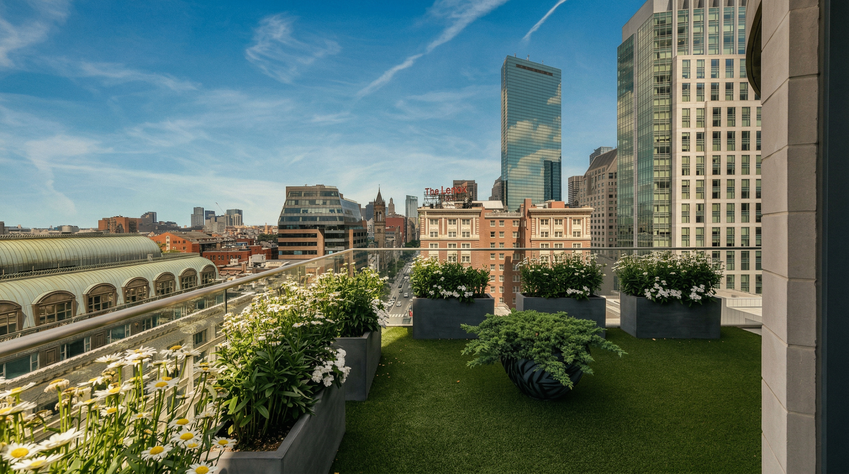 This high-rise balcony offers a stunning, elevated perspective of the city skyline, featuring a lush green artificial turf floor and several modern rectangular planters filled with white flowers and greenery. The space is enclosed by a sleek glass railing, providing an unobstructed view of the surrounding urban architecture and historic buildings. It creates a serene, private outdoor oasis amidst the bustling city environment.