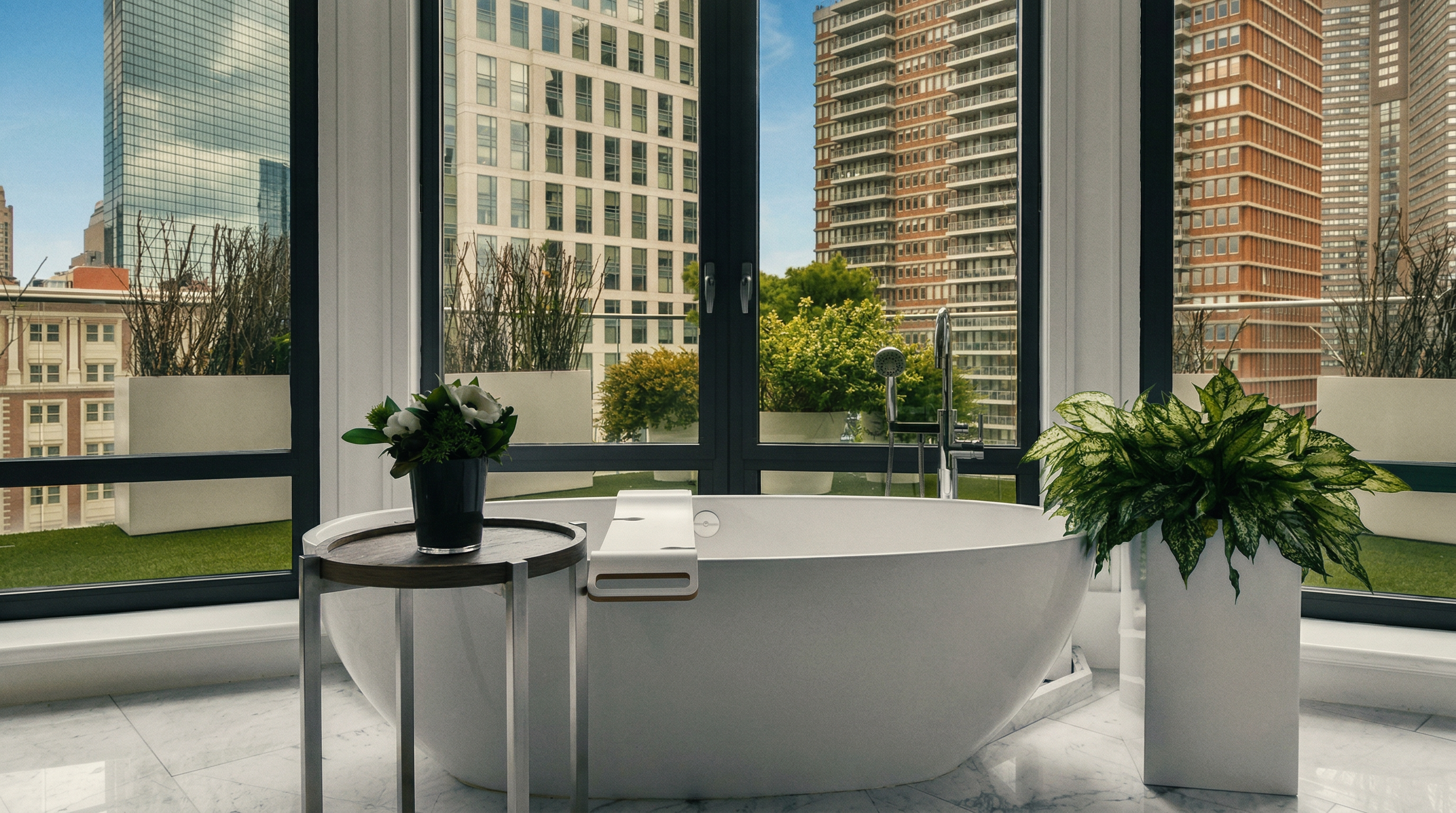 This luxurious primary bathroom features a sleek, freestanding soaking tub positioned in front of floor-to-ceiling windows that offer a stunning urban skyline view. The space is accented by a modern side table with a floral arrangement, a lush potted plant, and elegant marble flooring. The overall aesthetic is sophisticated and serene, creating a spa-like atmosphere high above the city.