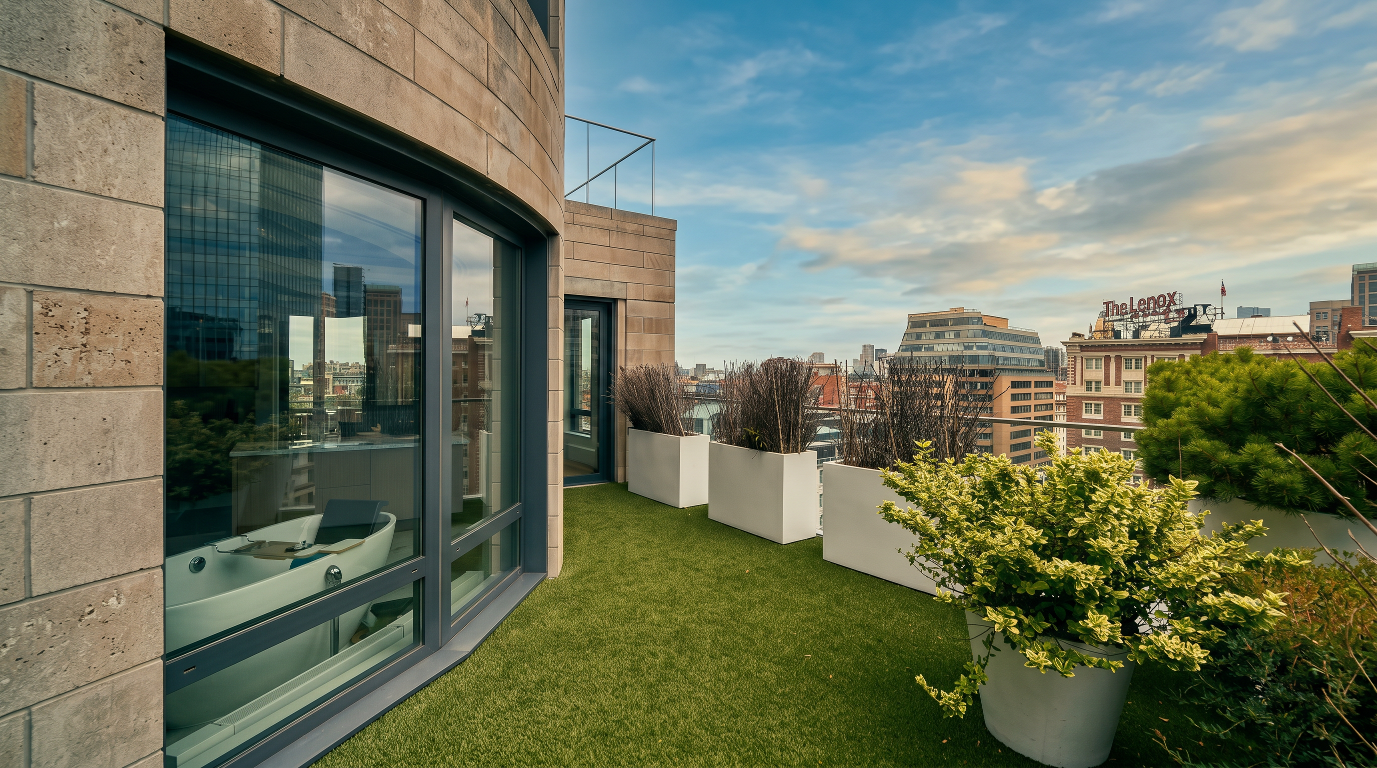 This high-rise balcony features artificial turf flooring and several large, modern white planters filled with greenery, creating a private urban oasis. The space offers a stunning panoramic view of the city skyline, including the iconic Prudential Tower, framed by a sleek glass railing. The perspective is from a slightly elevated angle, looking out from the edge of the balcony toward the bustling cityscape.
