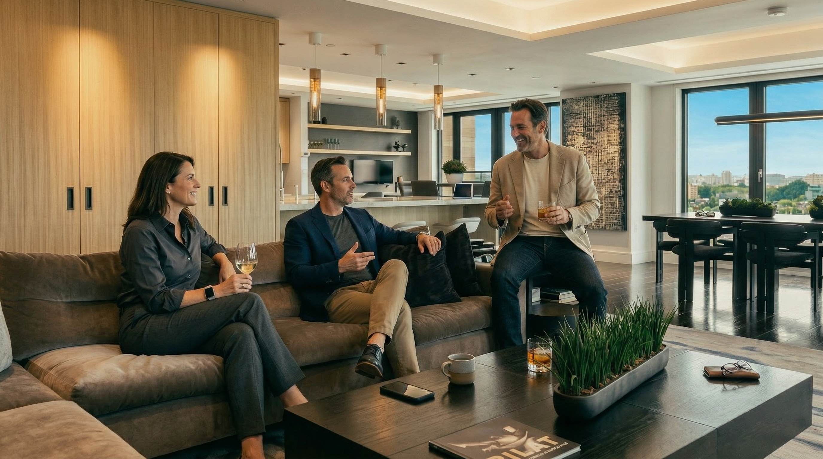 This expansive, open-concept living and dining area features a sophisticated contemporary design with high-end finishes and recessed cove lighting. A plush, oversized sectional sofa faces a sleek dark wood coffee table, while a large dining table sits near floor-to-ceiling windows that offer panoramic city views. The space is anchored by a large, abstract-patterned area rug and warm wood cabinetry, creating a luxurious and inviting atmosphere.