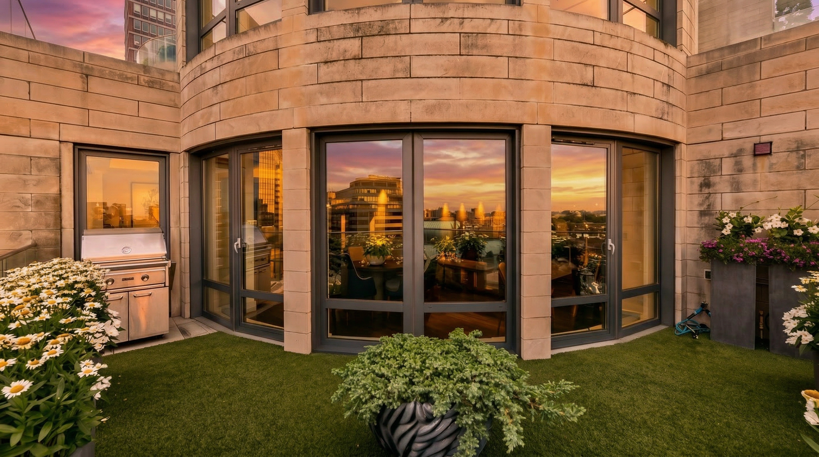 This elegant terrace features synthetic grass, container gardens with blooming flowers, and a built-in stainless steel outdoor grill station. Large floor-to-ceiling windows reflect a stunning sunset, creating a warm and sophisticated atmosphere for outdoor relaxation. The curved stone architectural design adds a high-end, contemporary feel to this private urban retreat.