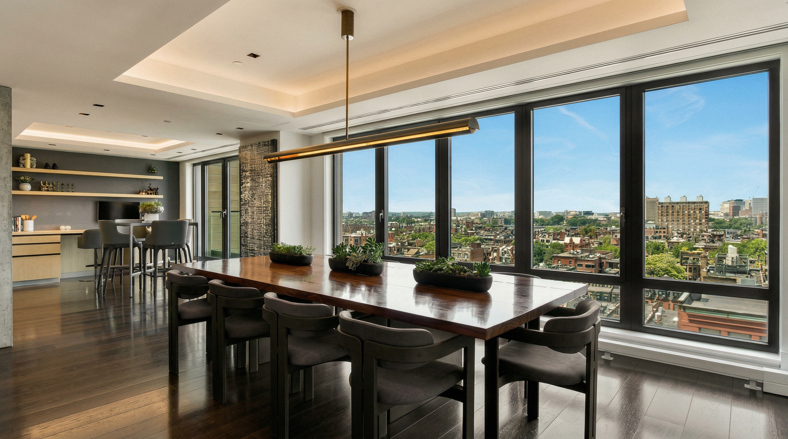 This sophisticated dining room features a long, polished dark wood table surrounded by modern, dark-upholstered chairs, positioned perfectly to take advantage of the expansive floor-to-ceiling windows. The room is illuminated by a sleek, minimalist linear pendant light, while the open-concept layout flows seamlessly into a kitchen area with bar seating. The panoramic city view provides a stunning backdrop, creating an atmosphere of refined urban luxury.
