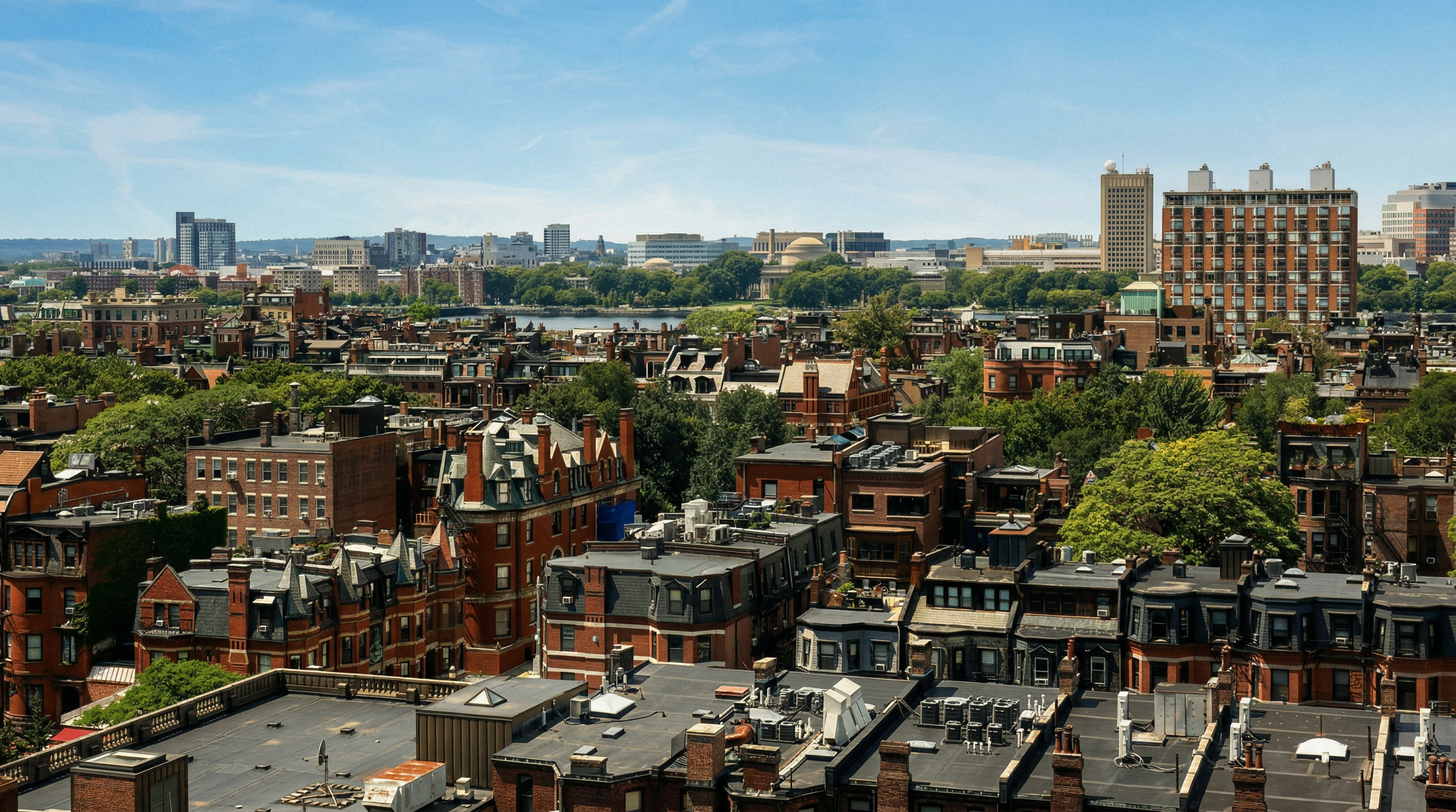 This high-angle aerial view captures a dense urban cityscape, likely Boston, characterized by historic brick row houses and brownstones with flat, dark rooftops. In the distance, the Charles River flows past lush green trees, with the iconic MIT Great Dome and modern high-rise buildings visible against a clear blue sky. The perspective provides a sweeping, panoramic sense of the neighborhood's architectural character and its proximity to major landmarks.