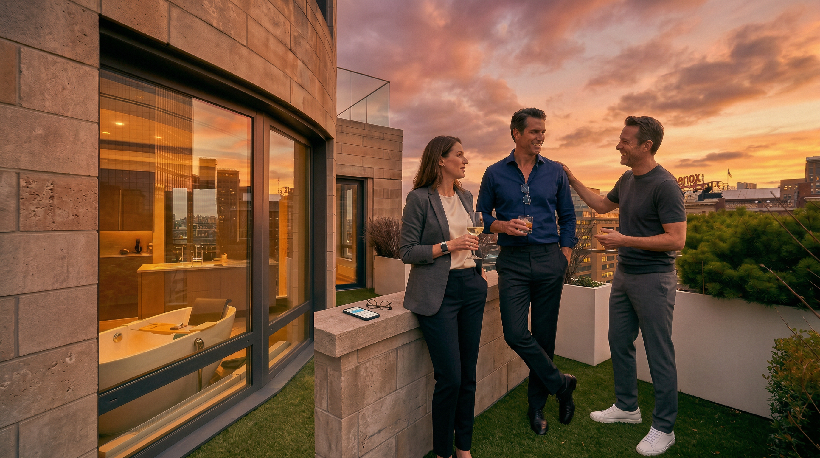 This luxurious private balcony offers a sleek, modern outdoor living space with artificial turf surfacing and carefully placed planters filled with greenery. The area features a direct view into a primary bathroom suite, showcasing a contemporary soaking tub, and provides expansive city vistas at sunset. It is an ideal space for relaxation, combining architectural elegance with a premium urban atmosphere.