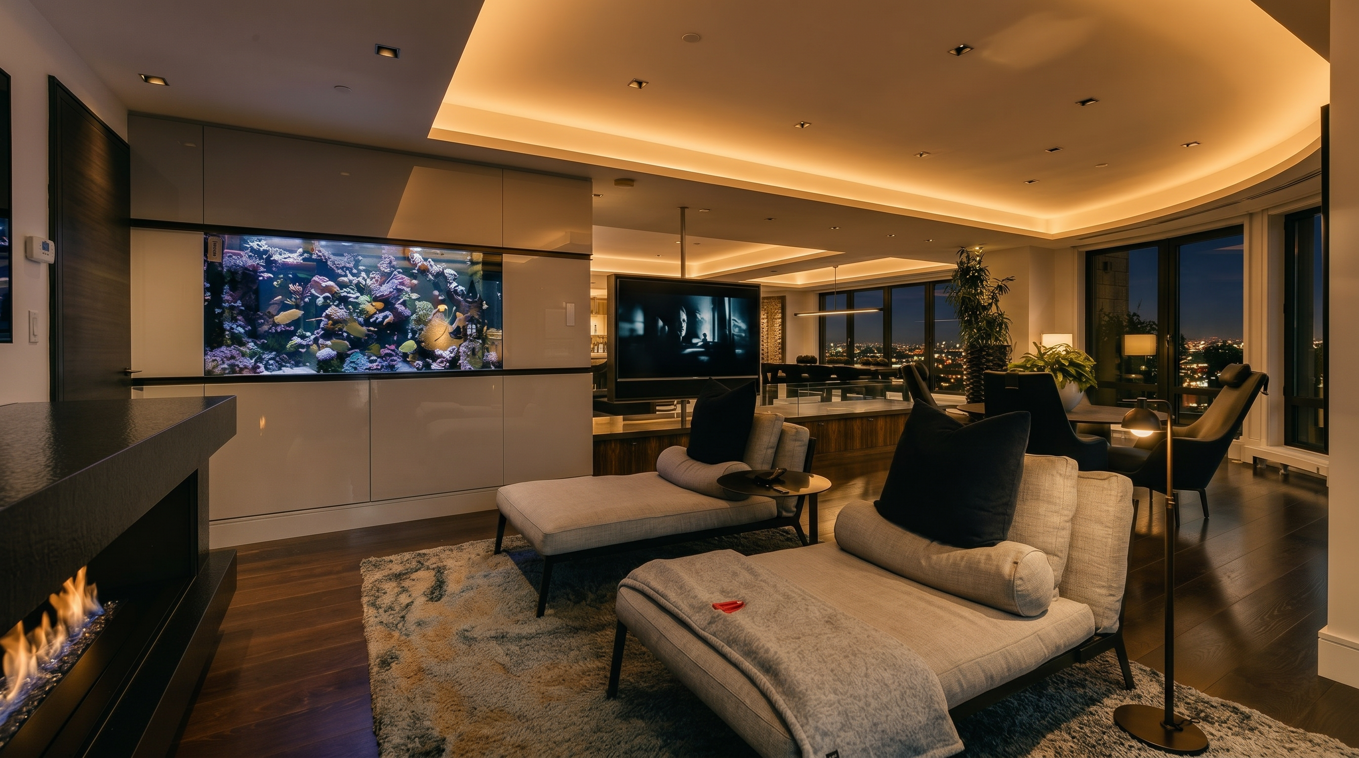 This sophisticated, contemporary living room features a built-in saltwater aquarium, a sleek modern fireplace, and a television mounted on a central pillar. The space is anchored by two plush chaise lounges on a textured area rug, all illuminated by elegant cove lighting and expansive floor-to-ceiling windows overlooking a city skyline. The overall aesthetic is one of luxury, comfort, and refined modern design.