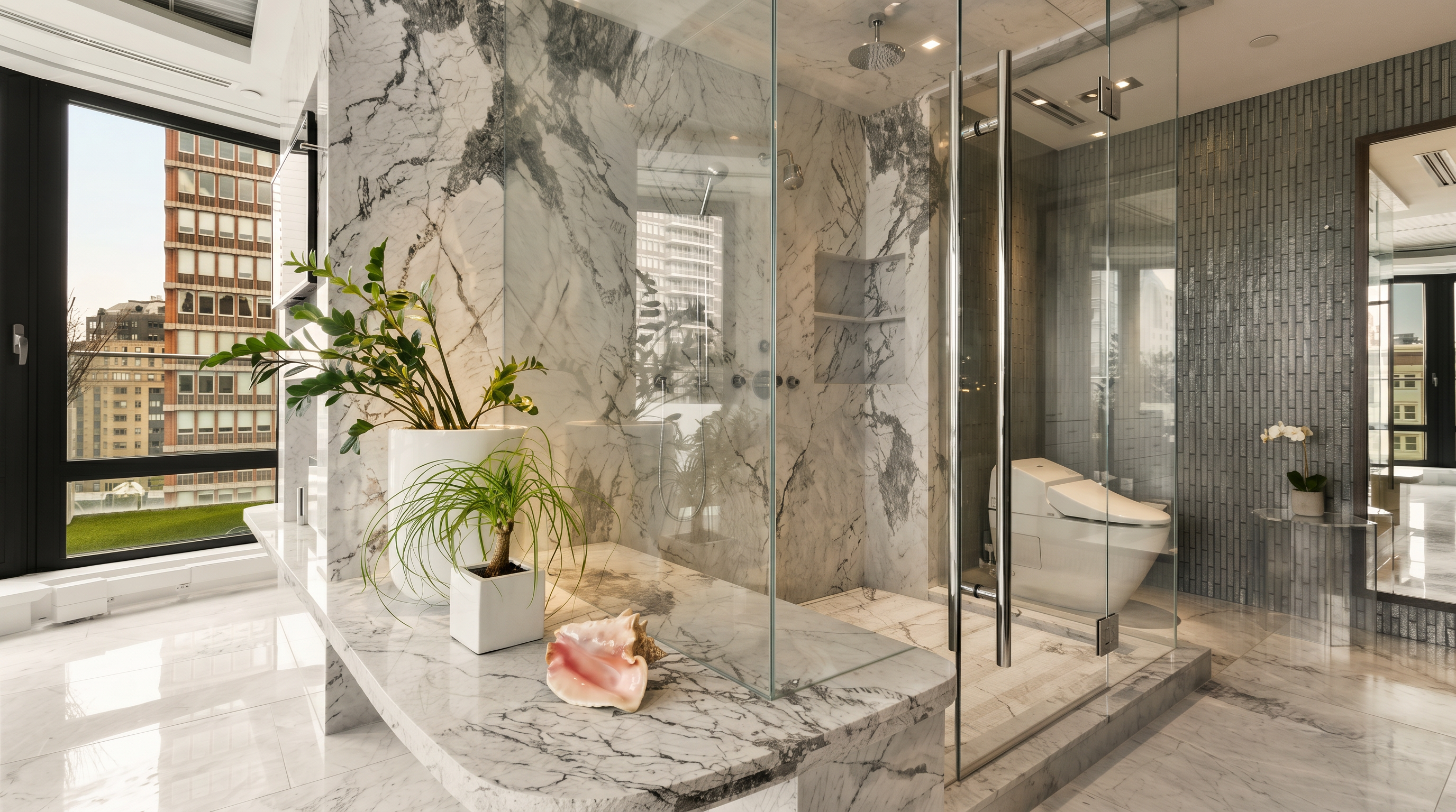 This luxurious primary bathroom features high-end marble finishes throughout, including a seamless marble-topped vanity and matching floor tiles. A glass-enclosed walk-in shower and a modern toilet are integrated into the space, which is bathed in natural light from a large window overlooking the city. The overall aesthetic is sophisticated and contemporary, emphasizing clean lines and premium materials.