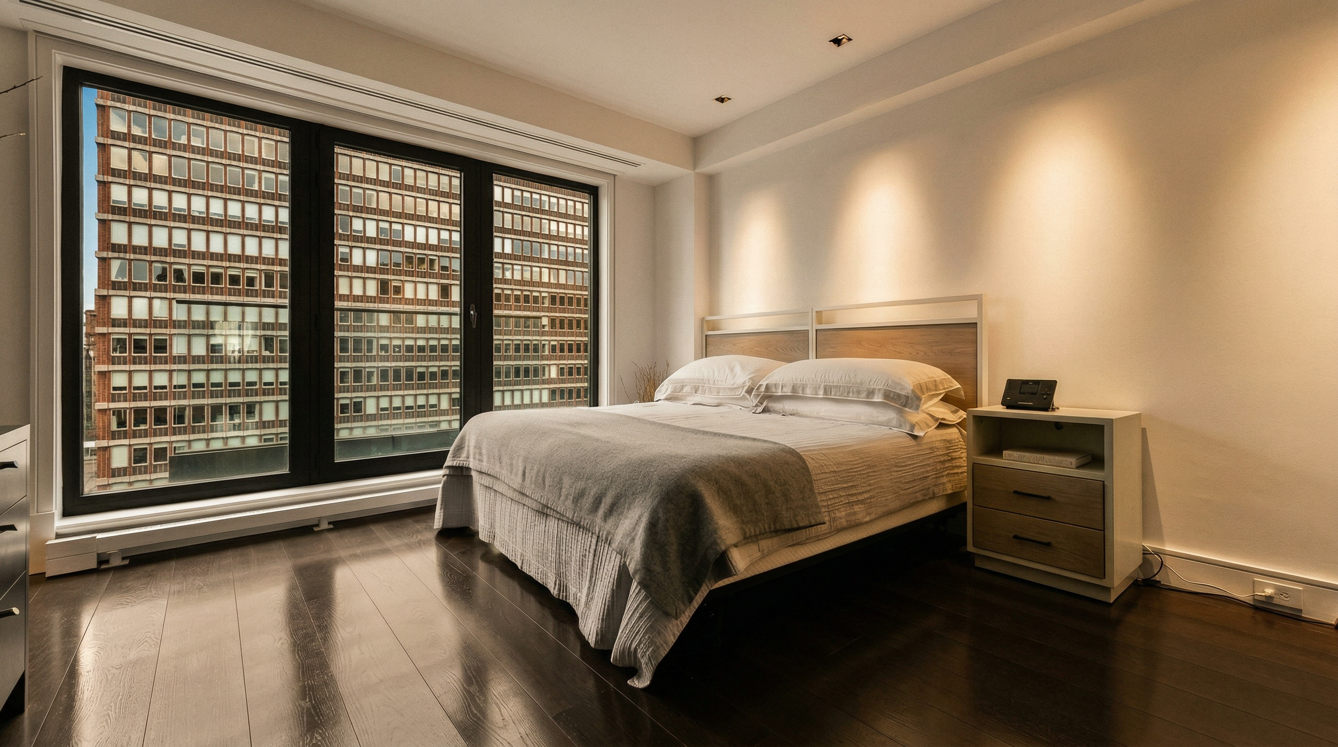 This modern primary bedroom features dark hardwood flooring and a minimalist aesthetic, anchored by a queen-sized bed with a light-toned headboard and crisp white linens. A large floor-to-ceiling window provides an expansive urban view of neighboring high-rise buildings, flooding the room with natural light. The space is completed by a sleek, two-toned nightstand, creating a clean and sophisticated atmosphere.