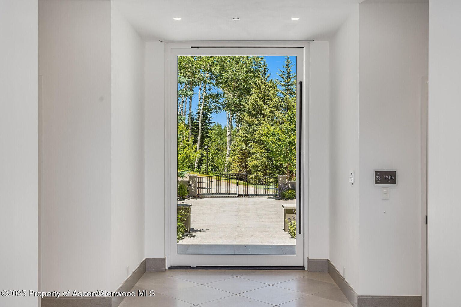 This interior shot showcases a bright hallway with a clear view to the outside through a large glass door. The hallway features clean, white walls and tiled flooring, creating a modern and spacious feel. The exterior view reveals lush greenery and a gated entrance, suggesting privacy and a well-maintained property.