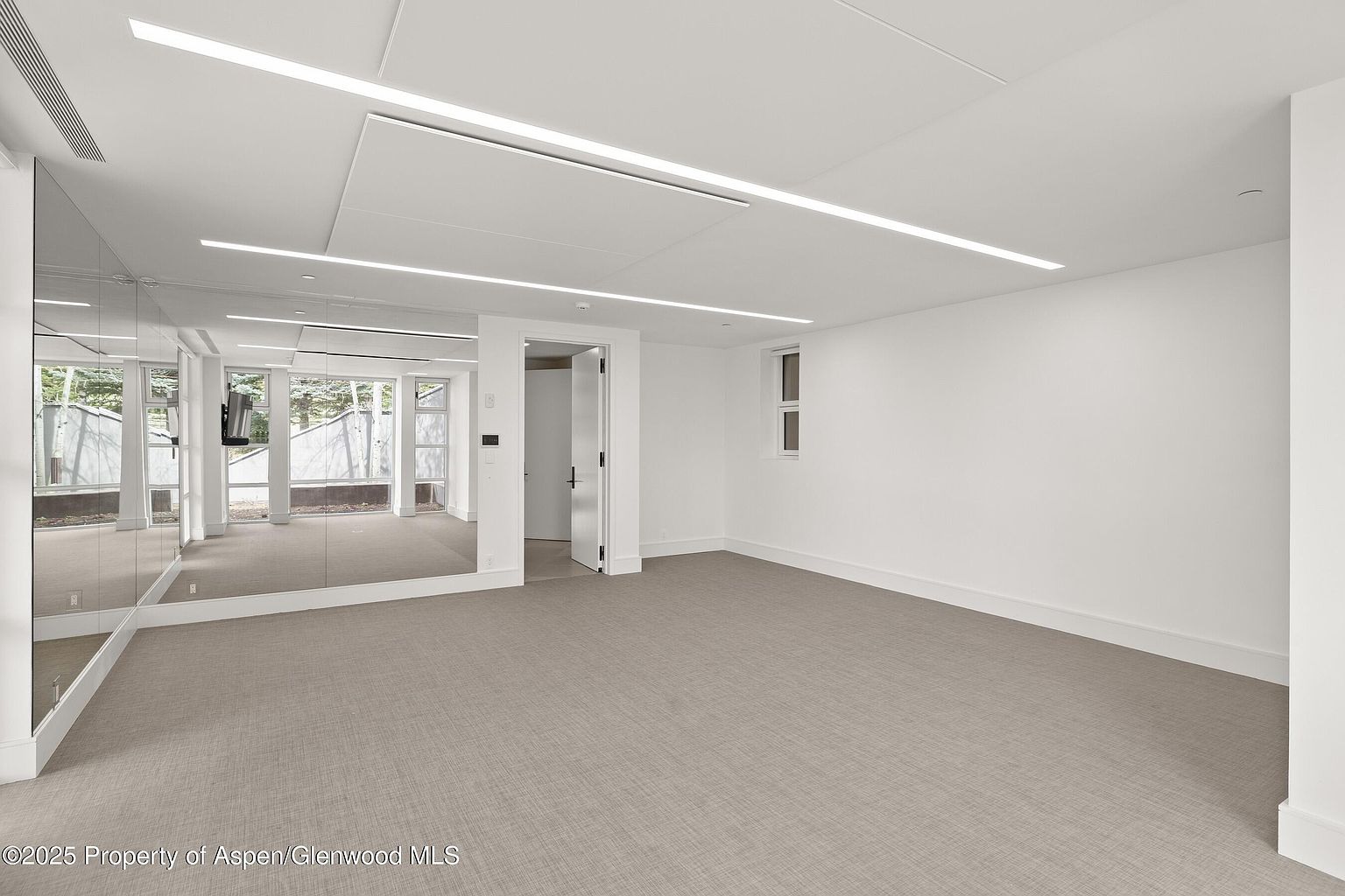 This is a spacious home gym featuring a large mirrored wall, providing ample visual feedback during workouts. The room is well-lit with modern, linear ceiling lights and has neutral-toned carpet flooring. A doorway leads to another area, and a small window provides natural light.