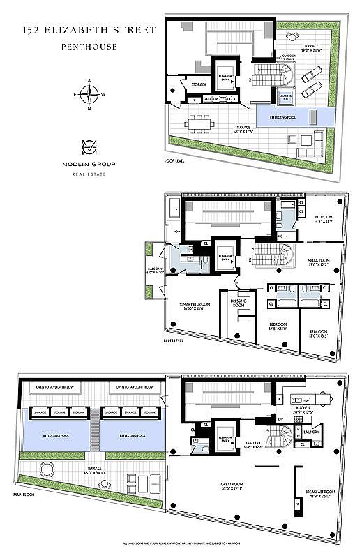 This image displays a comprehensive architectural floor plan for a three-level penthouse located at 152 Elizabeth Street. The layout includes a main floor with a great room and kitchen, an upper level featuring multiple bedrooms and a media room, and a roof level with an expansive terrace and reflecting pool. The schematic provides a detailed overhead perspective of the property's spatial organization, including storage areas, staircases, and outdoor living spaces.