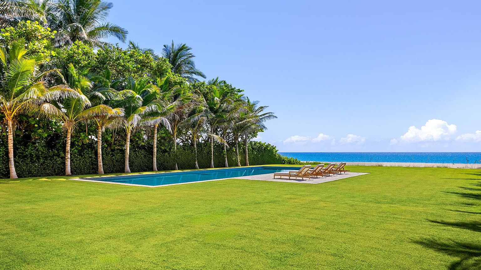 This image showcases a luxurious outdoor space featuring a rectangular swimming pool surrounded by a lush green lawn. Palm trees line the edge of the property, providing privacy and a tropical feel. Lounge chairs are neatly arranged near the pool, offering a relaxing space with an ocean view in the background, creating an inviting and serene atmosphere.