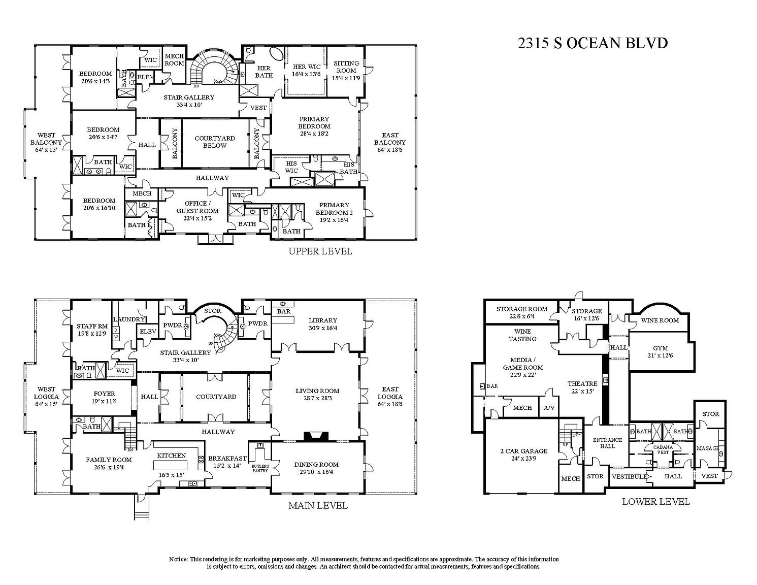 This image presents a detailed floor plan of a luxurious residence, showcasing the layout of the upper, main, and lower levels. The plan includes numerous rooms such as bedrooms, living areas, a library, a home theater, and a gym, all meticulously labeled with dimensions, providing a comprehensive overview of the property's spatial arrangement and design.