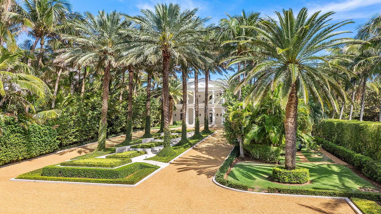 This is a stunning front view of a luxurious estate, showcasing a grand driveway lined with meticulously manicured hedges and palm trees. The elegant white facade of the house is partially visible through the trees, hinting at the grandeur within. The overall impression is one of sophistication and privacy, perfect for a high-end real estate listing.