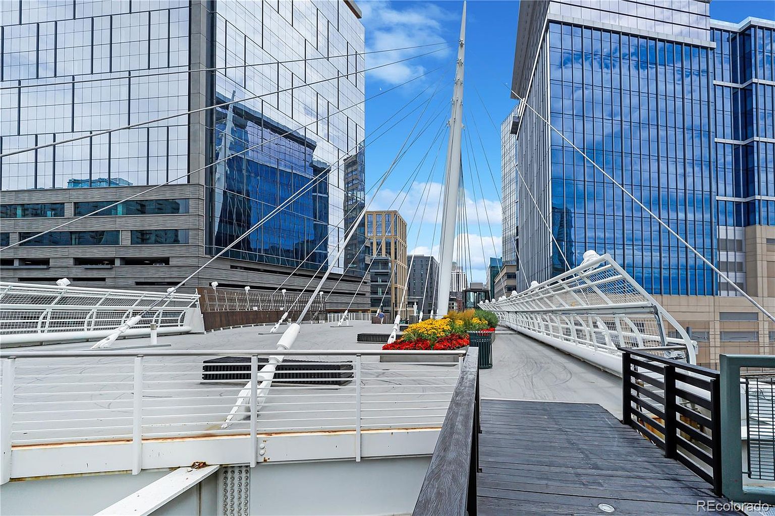 This image showcases a modern pedestrian bridge with a unique architectural design, featuring a white structure with cable supports. The bridge is adorned with colorful flower planters, adding a touch of vibrancy. Tall, contemporary buildings with reflective glass facades flank the bridge, creating a striking urban landscape.