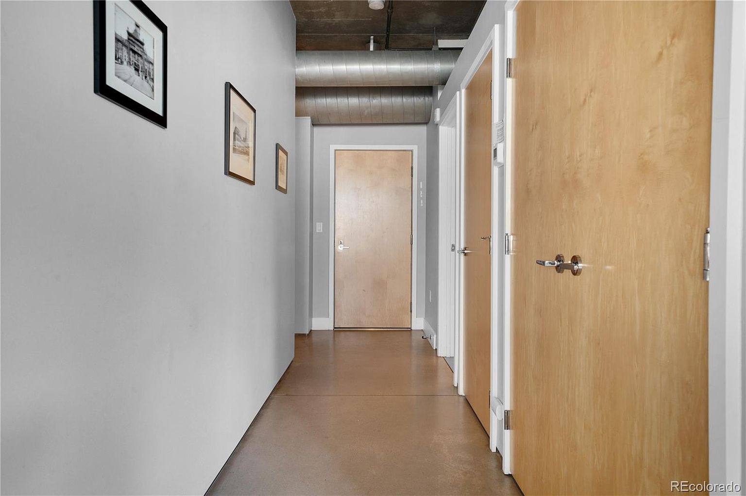 The image showcases a well-lit hallway with a modern aesthetic. The walls are painted in a neutral gray tone, complemented by light-colored wooden doors. Artwork adorns the walls, adding a touch of sophistication to the space, while the flooring appears to be polished concrete, contributing to the contemporary feel.