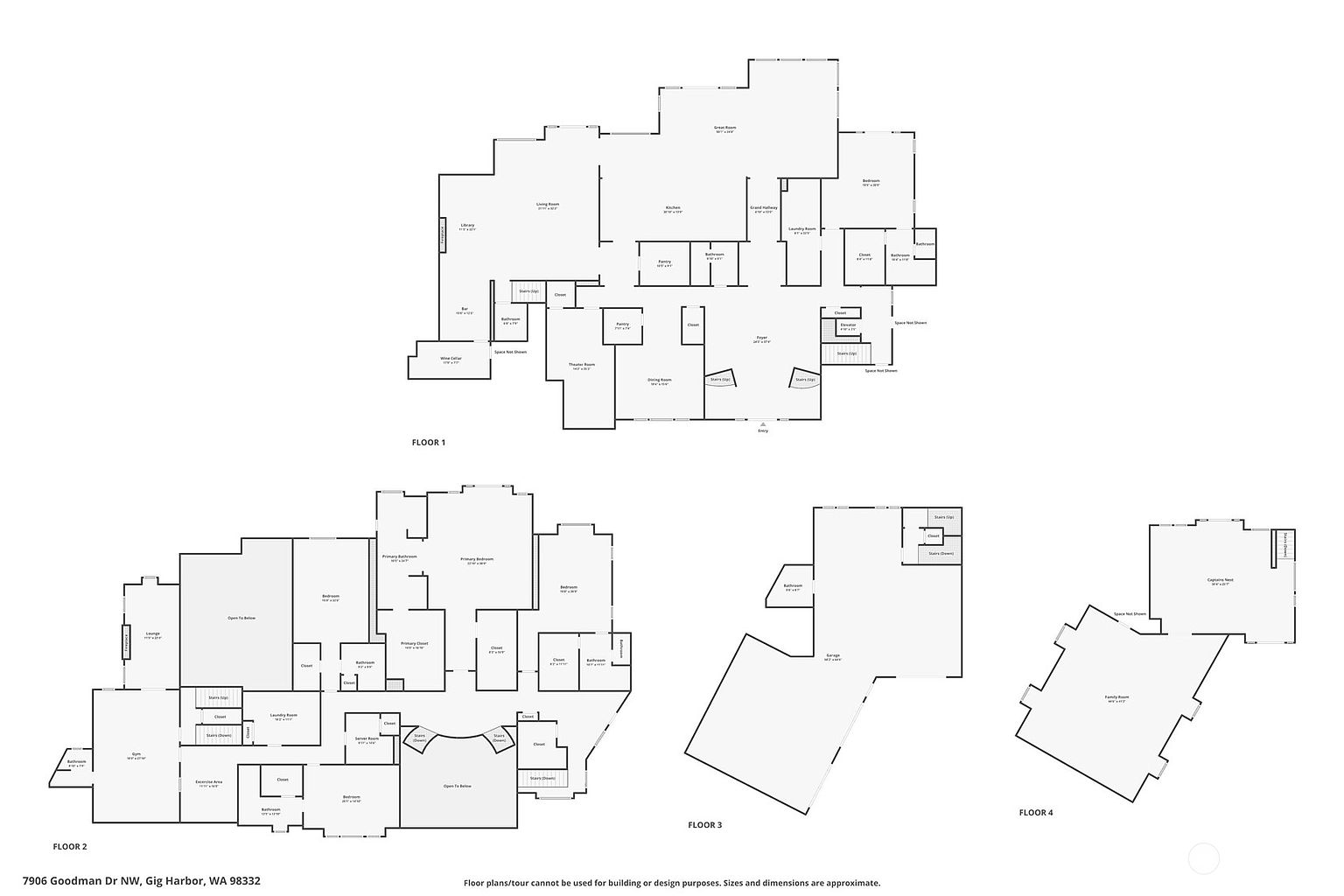 This image displays a comprehensive set of architectural floor plans for a four-story luxury residence located at 7906 Goodman Dr NW in Gig Harbor, WA. The layout details the spatial arrangement of various rooms, including multiple bedrooms, bathrooms, living areas, a theater room, and a wine cellar across the different levels. The technical drawings provide a clear, top-down perspective of the home's extensive footprint and circulation paths.