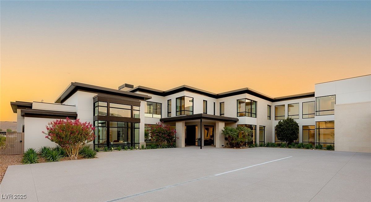 This is a front exterior view of a modern, luxurious home. The house features a flat roof, large windows, and a neutral color palette with black accents. A spacious concrete driveway leads up to the entrance, and there are manicured plants and trees in the front yard, creating a welcoming and sophisticated curb appeal.