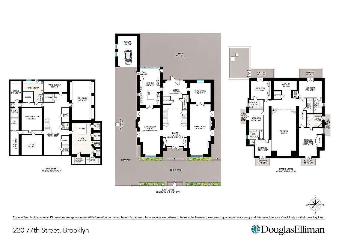 This image is a comprehensive architectural floor plan for a multi-level residence located at 220 77th Street, Brooklyn. It displays the layout for the basement, main level, and upper level, detailing room dimensions, locations of amenities like a gym, wine closet, and elevator, as well as outdoor spaces like the yard and balconies. The clean, top-down schematic provides a clear overview of the home's spatial organization and flow.