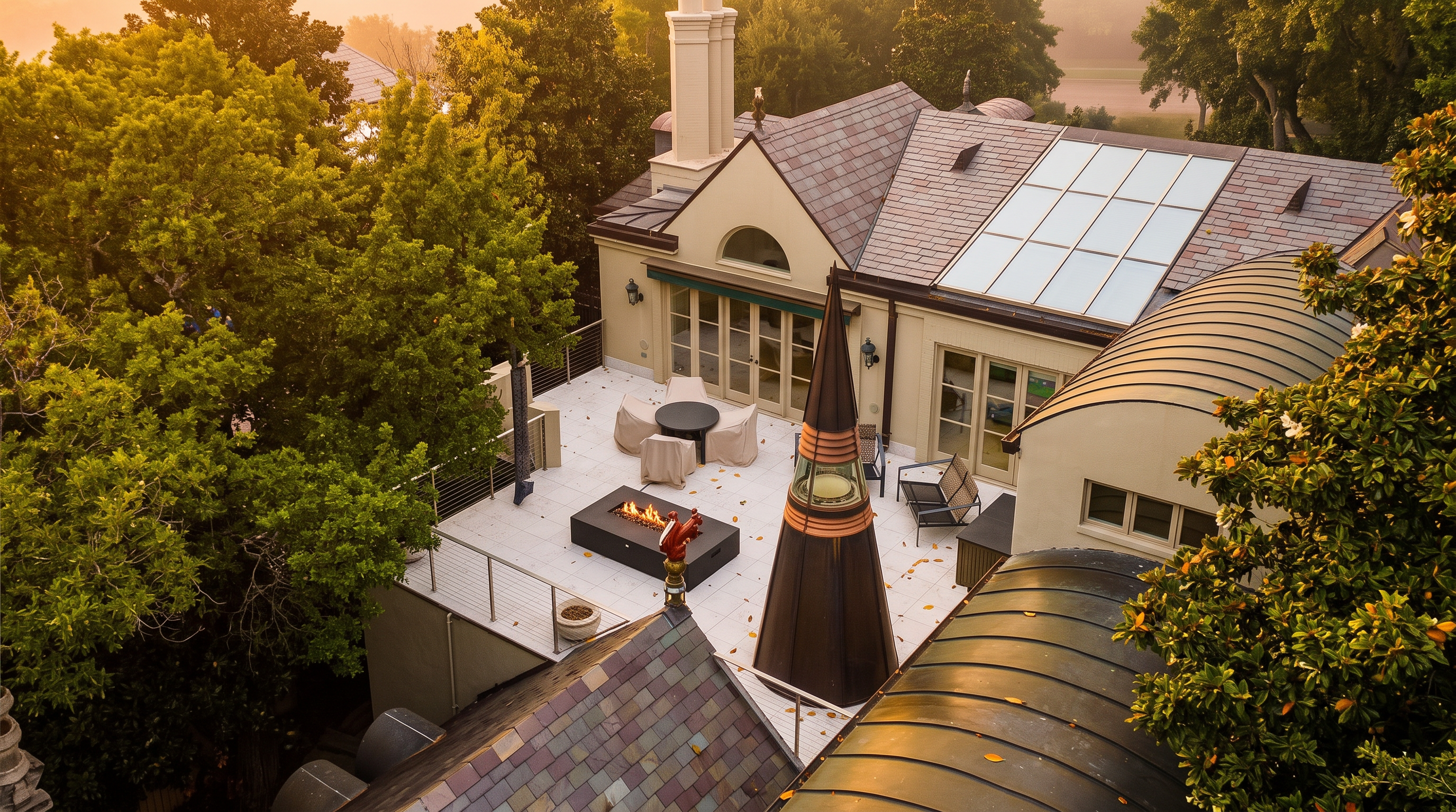 This high-angle aerial view captures a sophisticated residential patio space nestled among lush, mature trees. The area features a light-colored stone terrace equipped with a modern rectangular fire pit, outdoor seating, and a distinctive conical copper-roofed structure. The home showcases a classic architectural style with a slate-tiled roof, large glass doors, and a skylight section, creating a serene and private outdoor living environment.