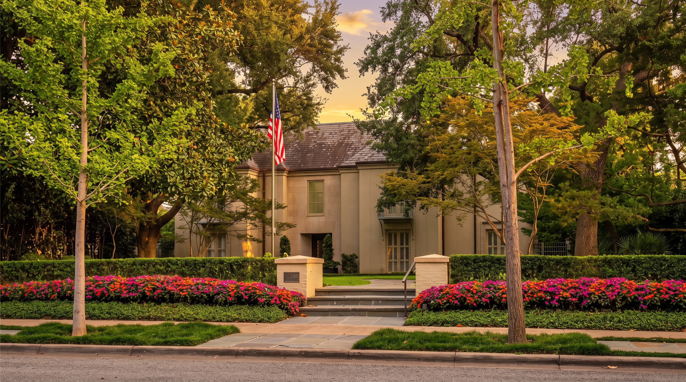 This elegant, multi-story residence is set back from the street, framed by mature trees and a meticulously manicured landscape. A stone walkway leads from the sidewalk through a low hedge and vibrant flower beds to the home's entrance, which is marked by a prominent American flag. The exterior features a neutral, smooth-finish facade with a dark, pitched roof, creating a sophisticated and private curb appeal.