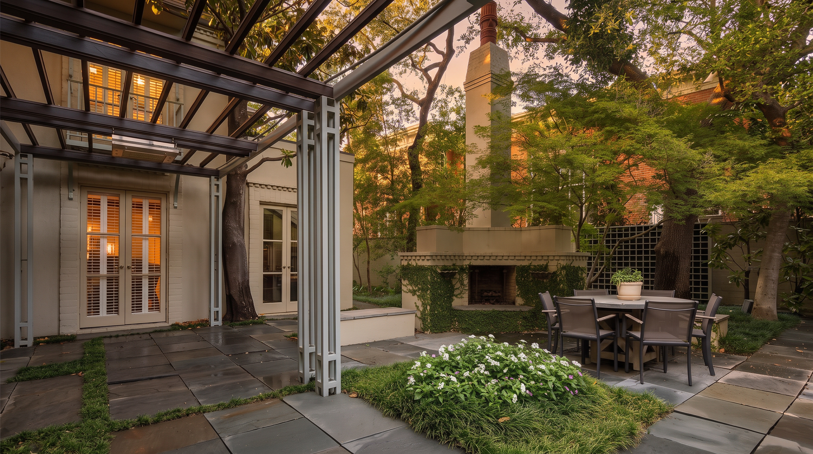 This elegant outdoor living space features a slate-tiled patio sheltered by a dark metal pergola, creating a sophisticated transition from the home's interior. A central stone fireplace with a tall chimney serves as a focal point, complemented by a dining set and a lush, manicured garden bed. The scene is framed by mature trees and climbing ivy, offering a serene and private atmosphere perfect for al fresco entertaining.