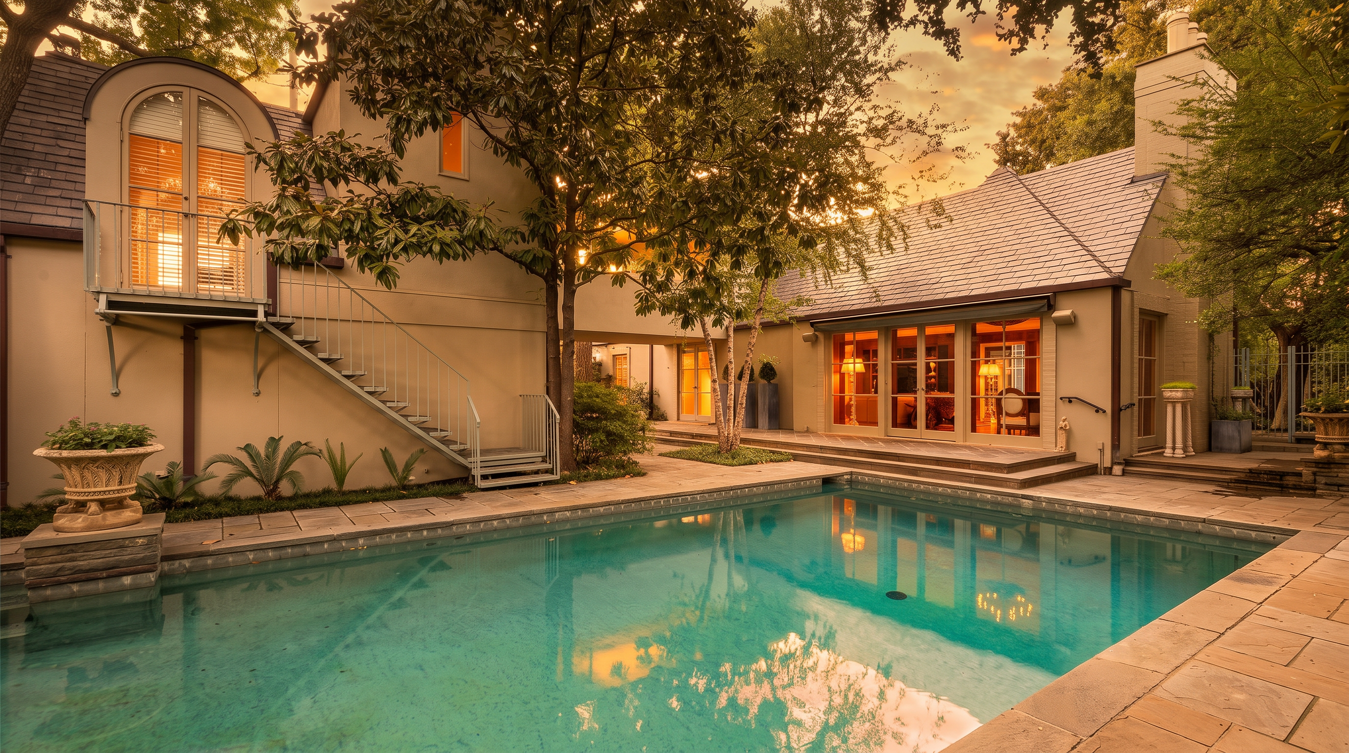 This elegant backyard scene features a rectangular swimming pool set against a sophisticated home with light-colored stucco walls and a slate-tiled roof. A metal staircase leads to an arched balcony on the upper level, while a stone patio provides a seamless transition to the interior living spaces visible through large glass doors. The composition is framed by mature trees and soft evening lighting, creating a serene and inviting atmosphere.