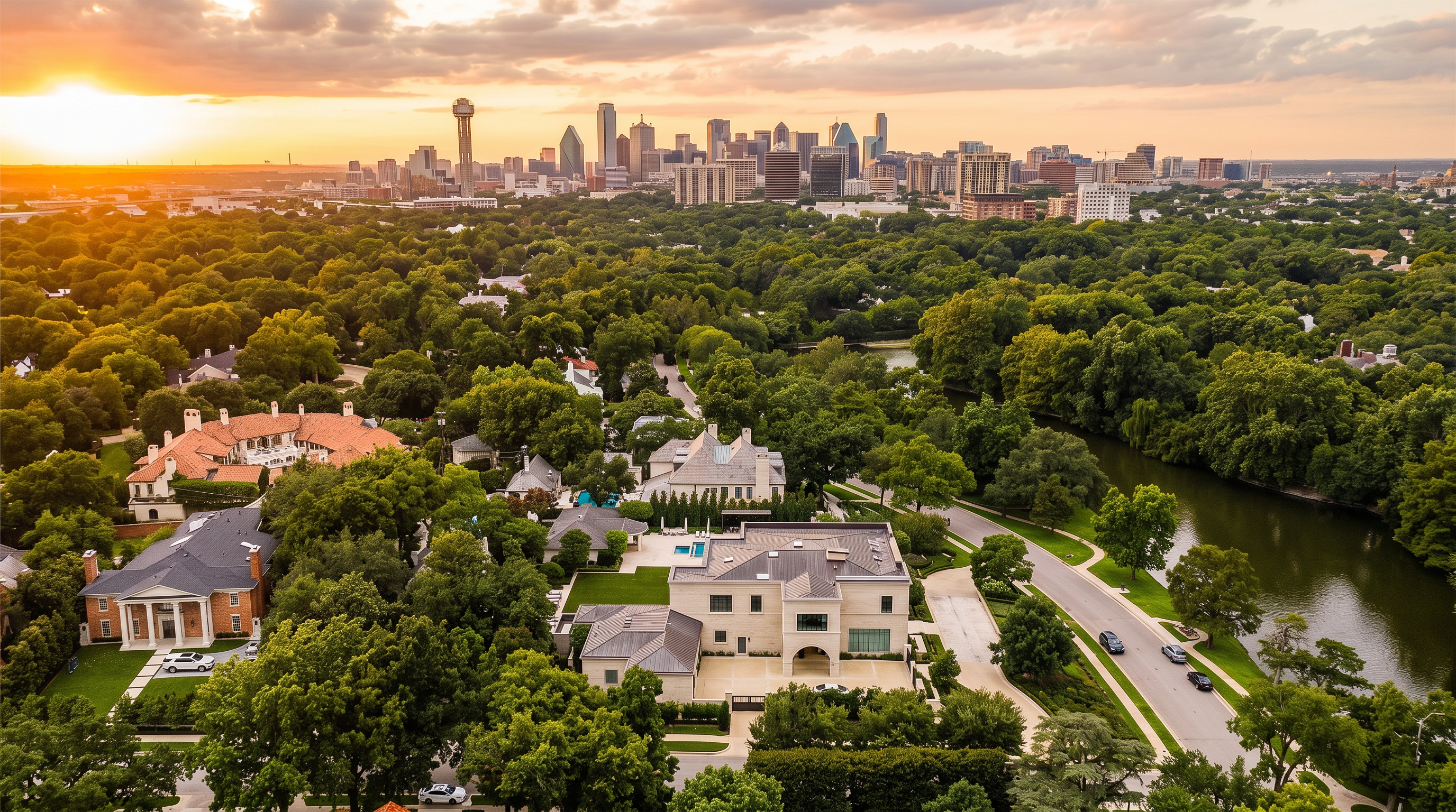This high-angle aerial perspective captures a sprawling, luxurious residential estate nestled within a lush, tree-lined neighborhood. The property features a grand stone-clad residence with a dark metal roof, a private swimming pool, and manicured green lawns, all situated near a serene winding river. In the distance, the expansive Dallas skyline provides a dramatic urban backdrop, emphasizing the property's prime location and sense of seclusion.