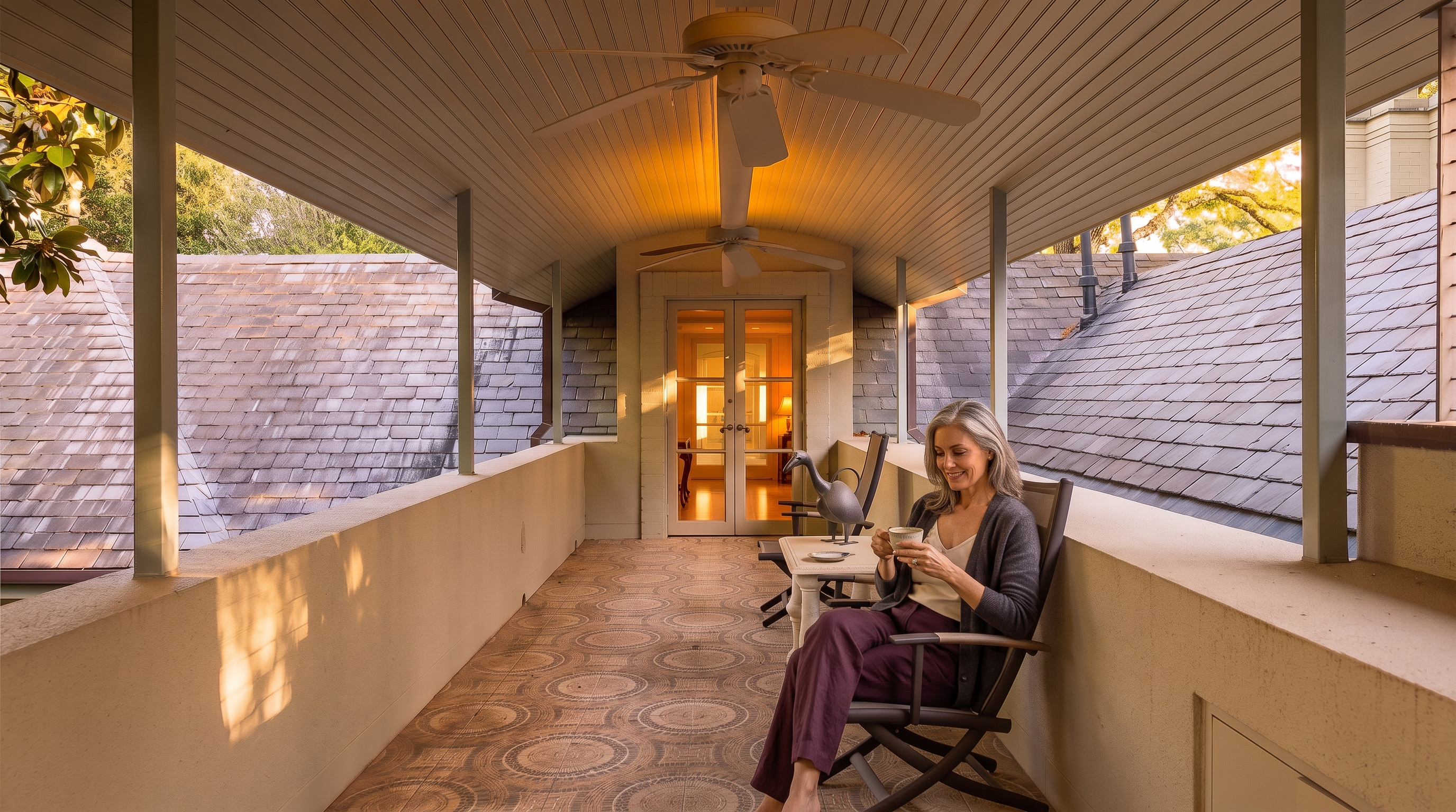 This covered balcony offers a serene outdoor retreat with patterned tile flooring and a vaulted, paneled ceiling equipped with two ceiling fans. The space is furnished with two chairs and a small table, positioned to look out over the surrounding slate-tiled rooflines. A set of glass-paned double doors provides direct access to the interior, creating a seamless transition between indoor and outdoor living areas.