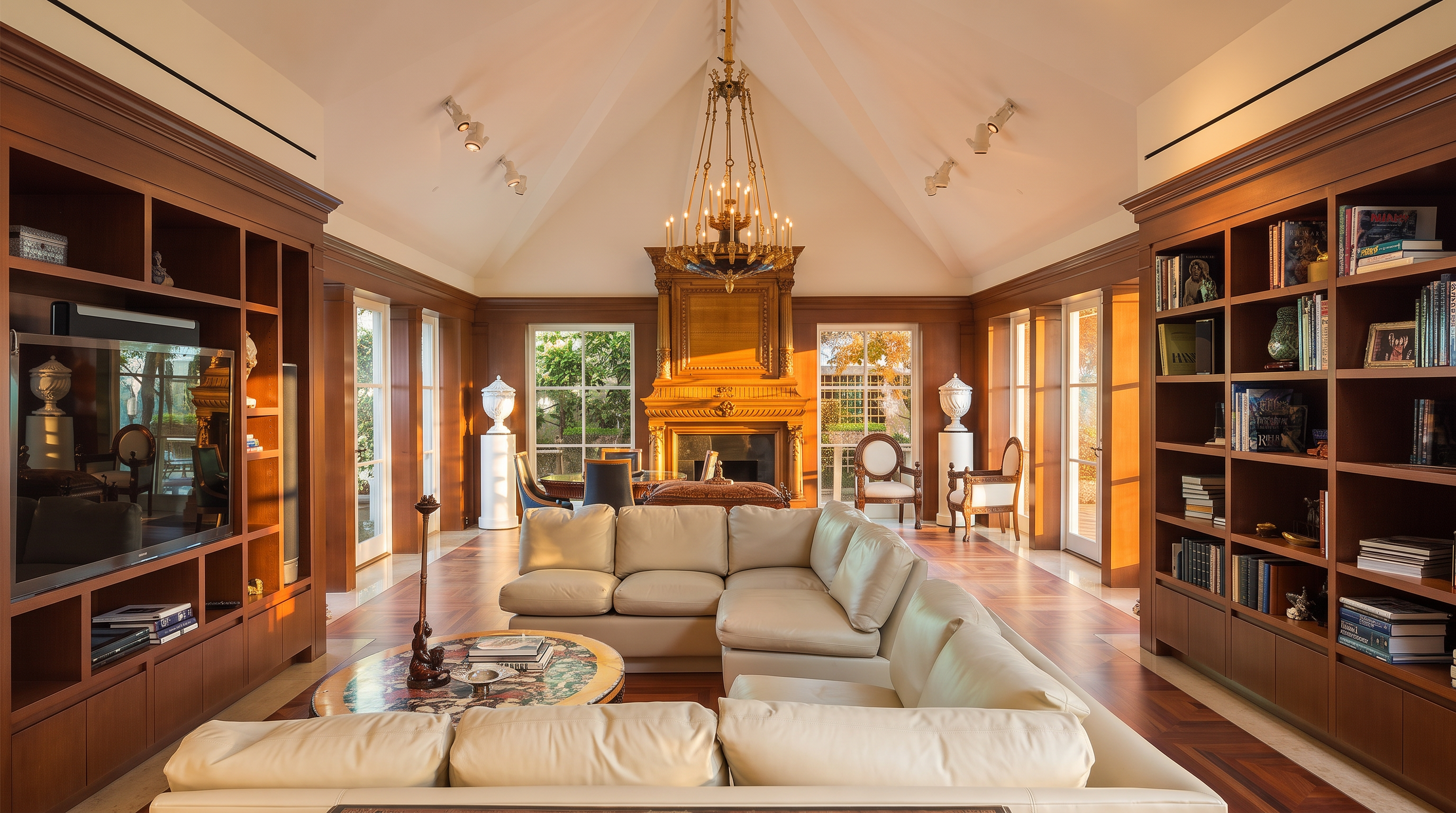This expansive living room features a vaulted ceiling with recessed lighting and a central chandelier, creating an airy and sophisticated atmosphere. The space is anchored by a large, light-colored sectional sofa and a circular coffee table, flanked by extensive built-in wooden shelving units on either side. A prominent fireplace with a detailed wood surround serves as a focal point, while large windows and glass doors provide views of the outdoor greenery.