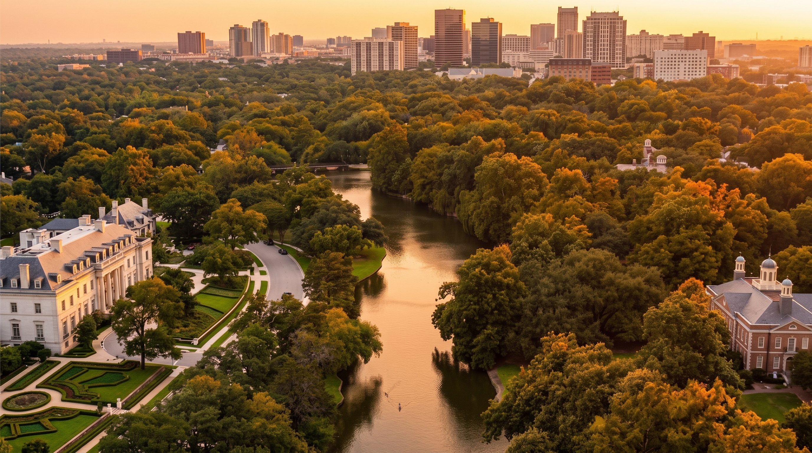 This high-angle aerial view captures a serene, winding waterway flanked by lush, dense greenery and mature trees. A paved road curves along the left bank, leading toward a distant bridge, while the background reveals a sprawling urban skyline with various high-rise buildings. The perspective provides a peaceful contrast between the natural landscape of the park-like setting and the developed city environment.