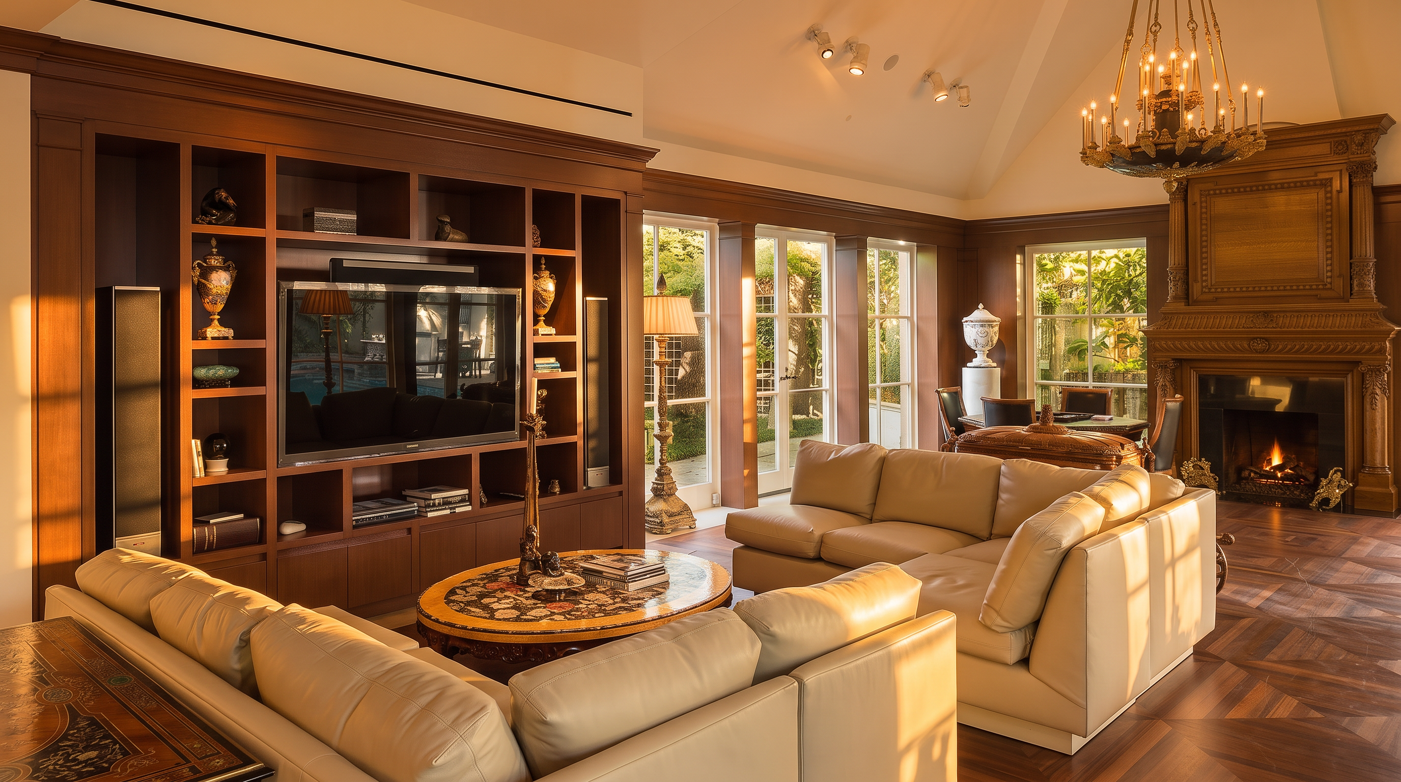 This elegant living room features a large, light-colored sectional sofa arranged around a circular, patterned-top coffee table. The space is anchored by a prominent wood-paneled wall unit with built-in shelving and a television, alongside a traditional fireplace with a detailed wood mantel. Tall windows provide ample natural light and views of the outdoor greenery, while a grand chandelier hangs from the vaulted ceiling above the room.