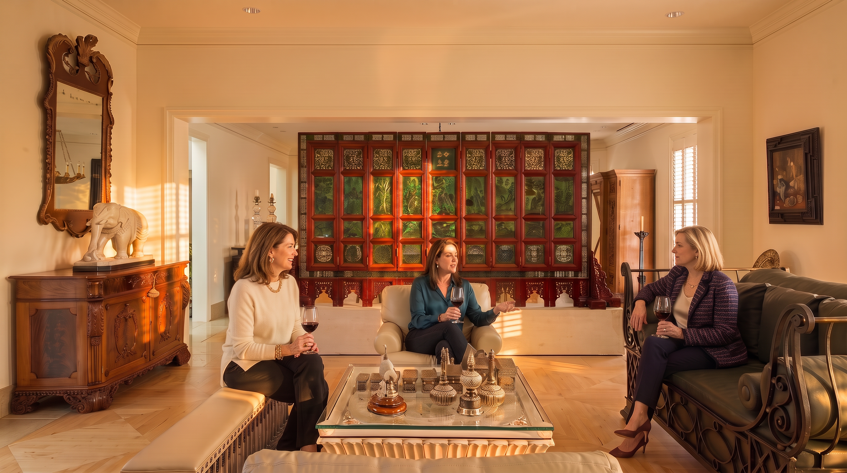 This elegant living room features a sophisticated blend of traditional and Asian-inspired decor, anchored by a large, ornate dark wood screen with intricate panels. The space is furnished with a plush light-colored armchair and a matching bench, complemented by a dark leather sofa and a glass-topped coffee table adorned with decorative metal objects. A tall, ornate mirror hangs above a wooden sideboard holding a white elephant sculpture, creating a refined and curated atmosphere.