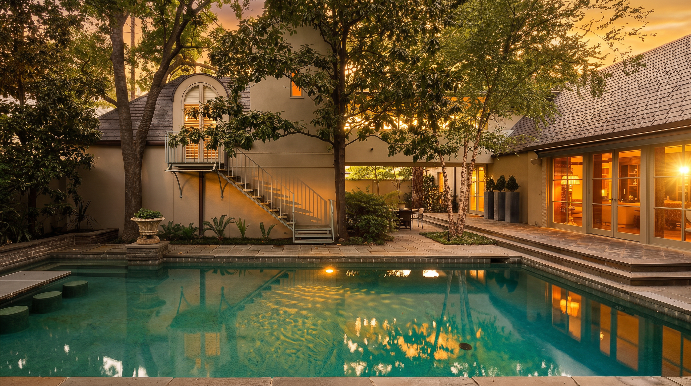 This serene backyard features a rectangular swimming pool with integrated stone seating steps, set against a sophisticated home exterior. The architecture showcases a blend of traditional and modern elements, including a distinctive arched window, an exterior metal staircase, and a covered walkway connecting different sections of the house. Large glass doors open from the interior living space onto a stone-paved patio, creating a seamless transition between indoor and outdoor living areas.